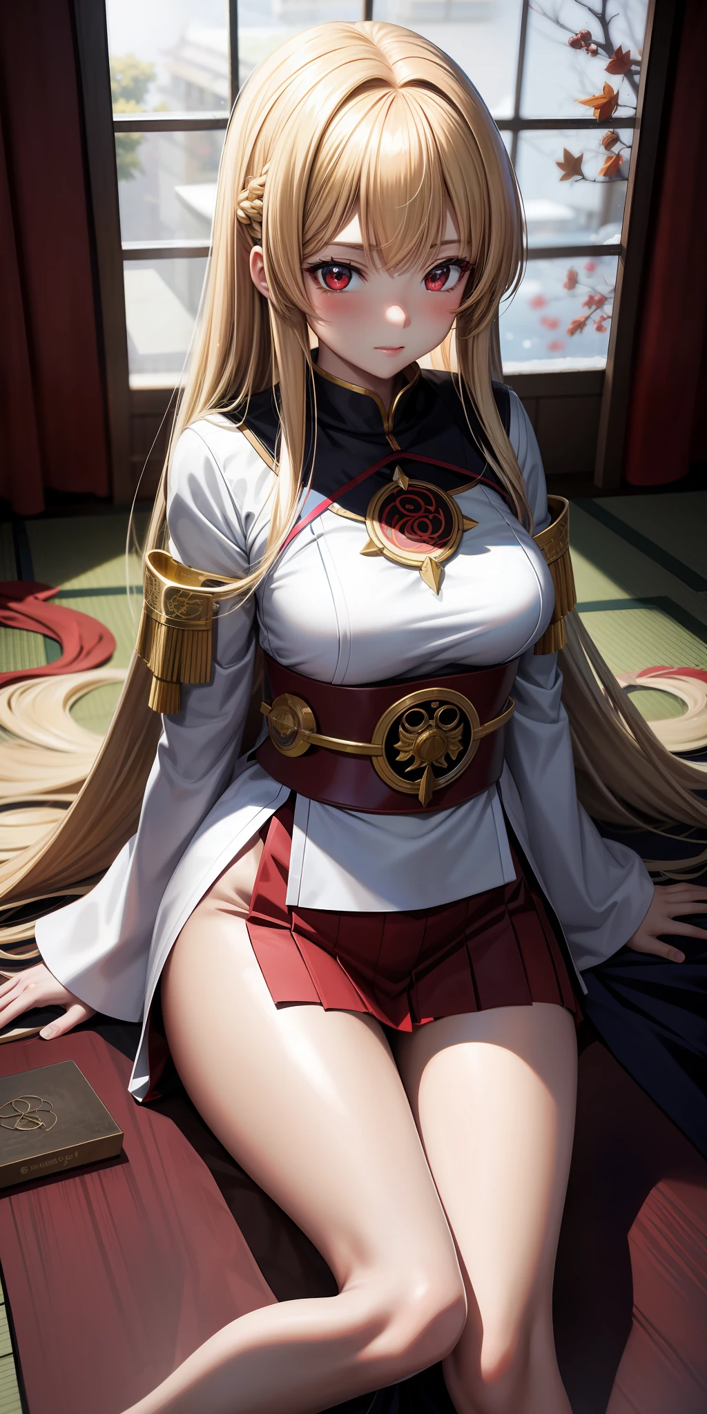 anime, single girl, blonde, red eyes, priestess uniform, kamimeki, blush, japanese room, gravure