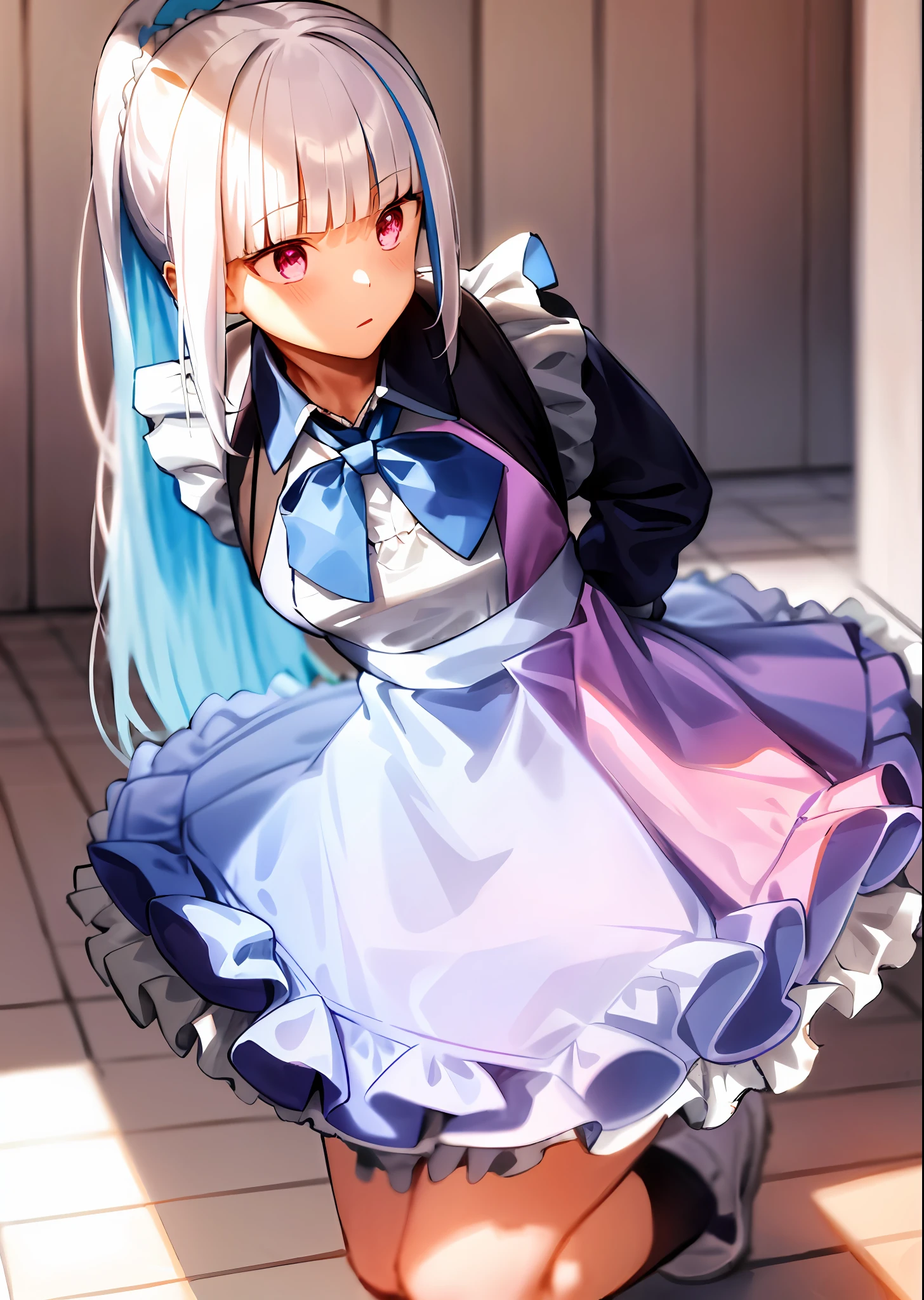 Masterpiece, (1 Girl:1.3), Apron, Bow, Cube hair ornament, Dress, Ruffles, Teasing (facial expression), Hair ornament, Long hair, (Look into your eyes), Maid, Maid apron, Maid headdress, Mary Janes, One side up, Pink eyes, Shaded face, Shoes, Short dress, Solo, Sweat drops, Thighs, White thighs, Middle chest, Hands on hips, Portrait, Take off panties, ponytail with bow, shawl uniform, white big bow, eye contact, lifted skirt, (on all fours)), (white bow)), eye contact, lifted skirt, (((visible panties)), lace panties