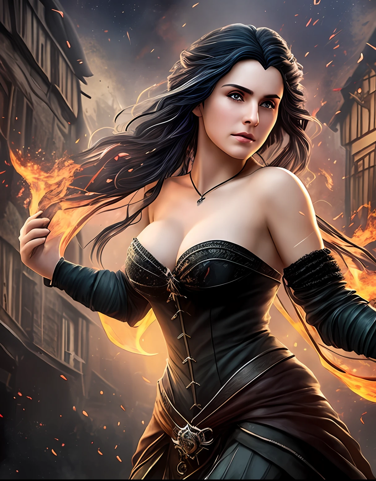 a detailed image of Vengerberg's character Yennefer, played by actress Anya Chalotra, with a piercing and intense gaze. Her black hair in the wind, dancing with the magical energy that surrounds her. Wearing Yennefer's iconic and original outfit, every detail is meticulously depicted. The image depicts Yennefer full-length in a background of a medieval city fleeing in flames, symbolizing the chaos and destruction that surrounds her --auto --s2