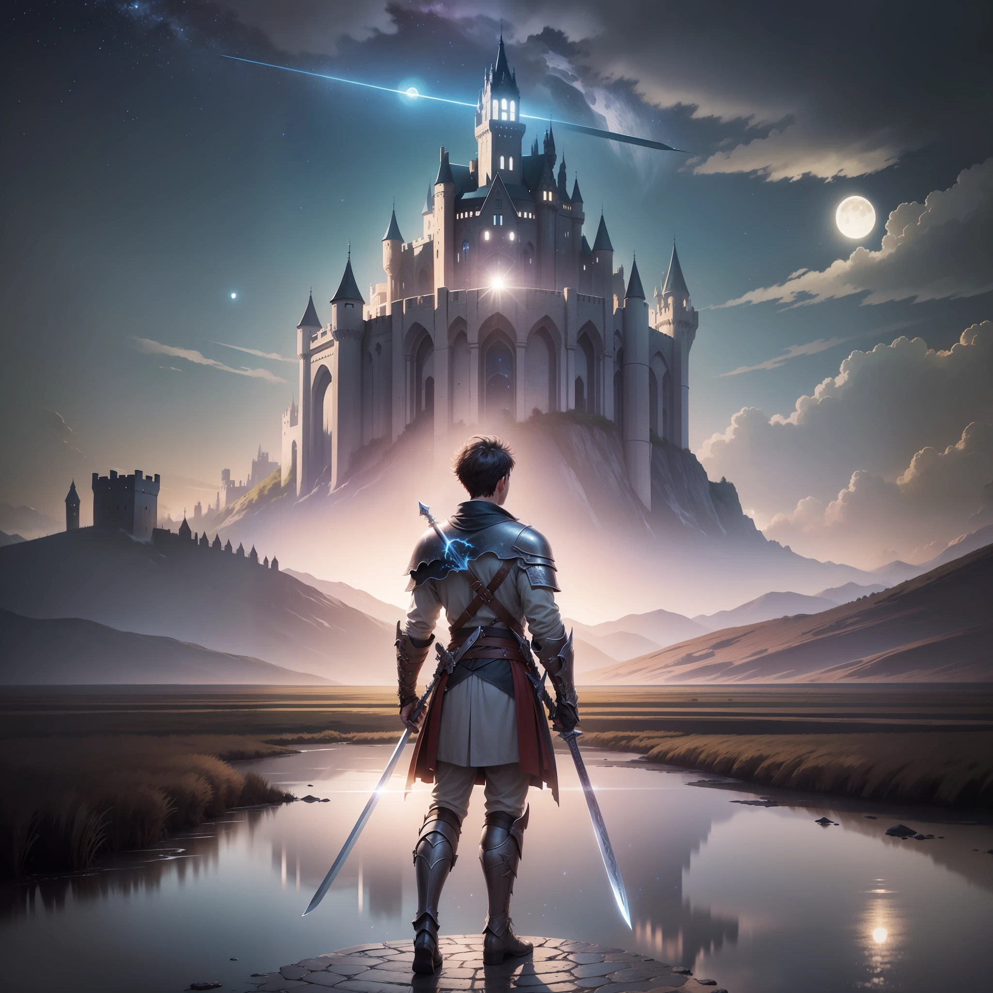 Expansive landscape, view from below, reflection details, night, bright moon, stars, very detailed, a boy standing on the road, sword in hand, warrior style, looking up at the sky, destroyed castle in the background, CG style,