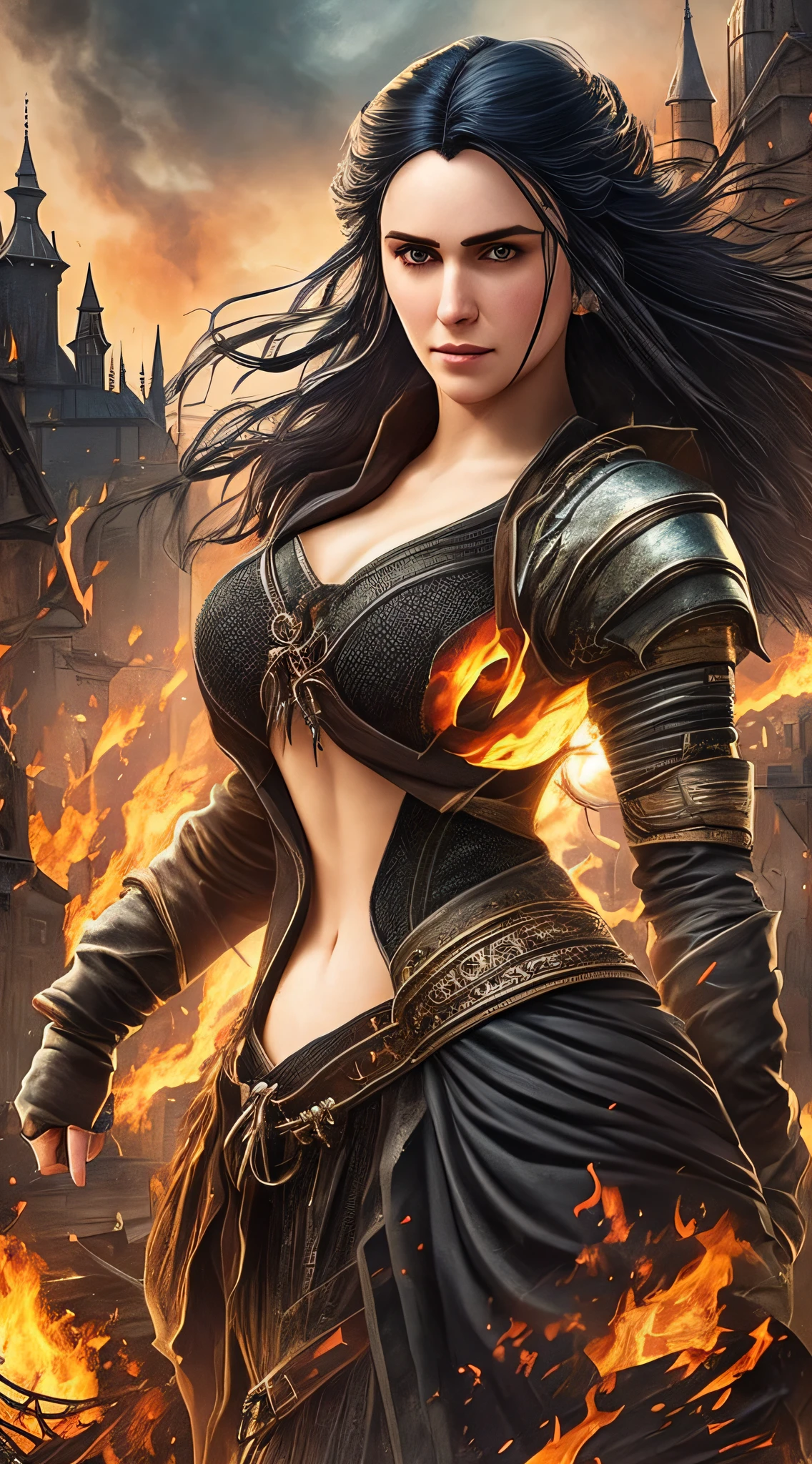a detailed image of Vengerberg's character Yennefer, played by actress Anya Chalotra, with a piercing and intense gaze. Her black hair in the wind, dancing with the magical energy that surrounds her. Wearing Yennefer's iconic and original outfit, every detail is meticulously depicted. The image depicts Yennefer full-length in a background of a medieval city fleeing in flames, symbolizing the chaos and destruction that surrounds her --auto --s2