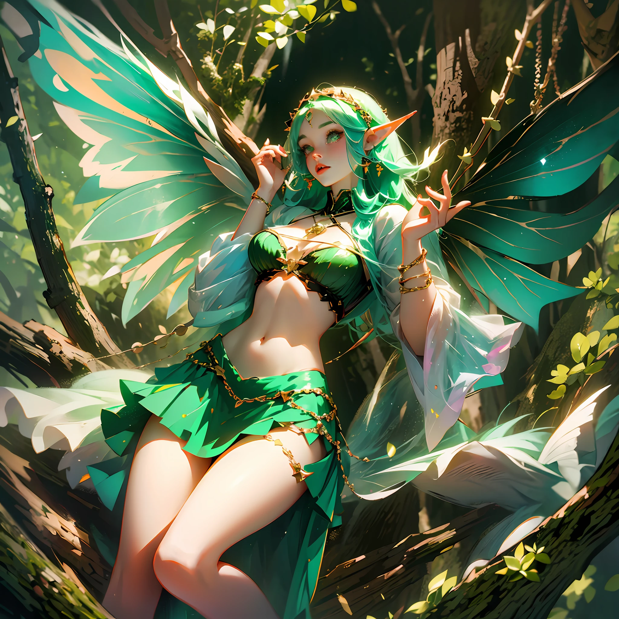 Fairy girl, hot elf, with wings, forest, full body, green bra, mini skirt --auto --s2