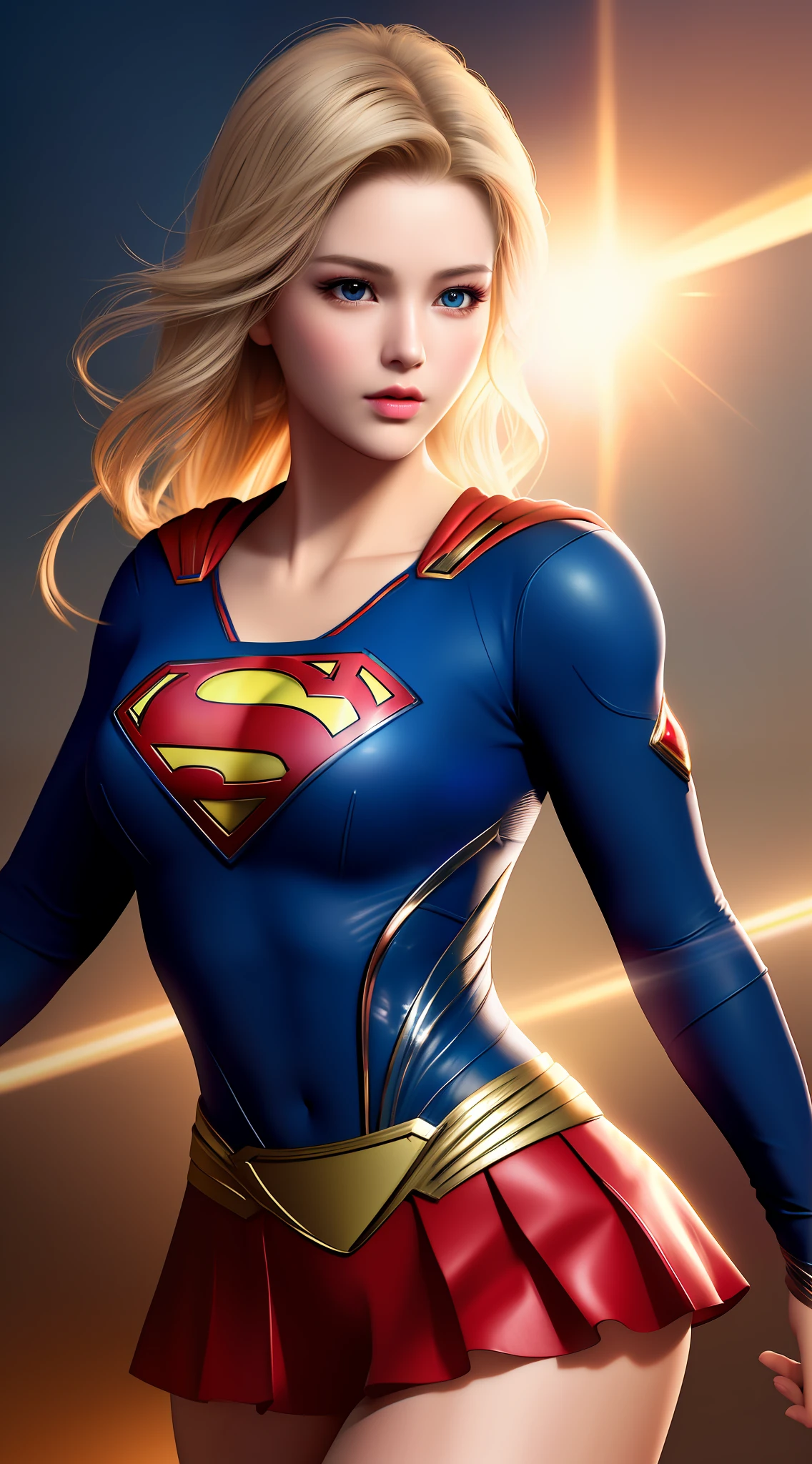 Top Quality, Masterpiece, High Resolution, 1Supergirl, Black Short Hair: 1.2, Business Dress, Skirt, Secretary Dress, Necklace, Hair Clips, Red Jewelry, Beautiful Face, Tyndall Effect, Photorealistic, Dark Studio, Rim Lighting, Two-tone Lighting, (High Detail Skin: 1.2), 8k uhd, DSLR, Soft Lighting, Sincere, Bokeh, Medium Breasts, Light Pink Lips, Masterpiece, High Quality Shadows, High Detail, Beautiful Details, fine details, extremely detailed CG, detailed texture, realistic face expression, realistic, colorful, detailed, cinematic light, side lighting, lens reflection, ray tracing, sharp focus, (complex detail, makeup, (delicate and detailed face, delicate and detailed eyes, perfect face proportions, highly detailed skin), best proportions four fingers and a thumb, arms under chest, medium sized breasts, wide hips, thick thighs, smooth skin, blue-eyed blonde, wearing superman's S symbol on her chest.