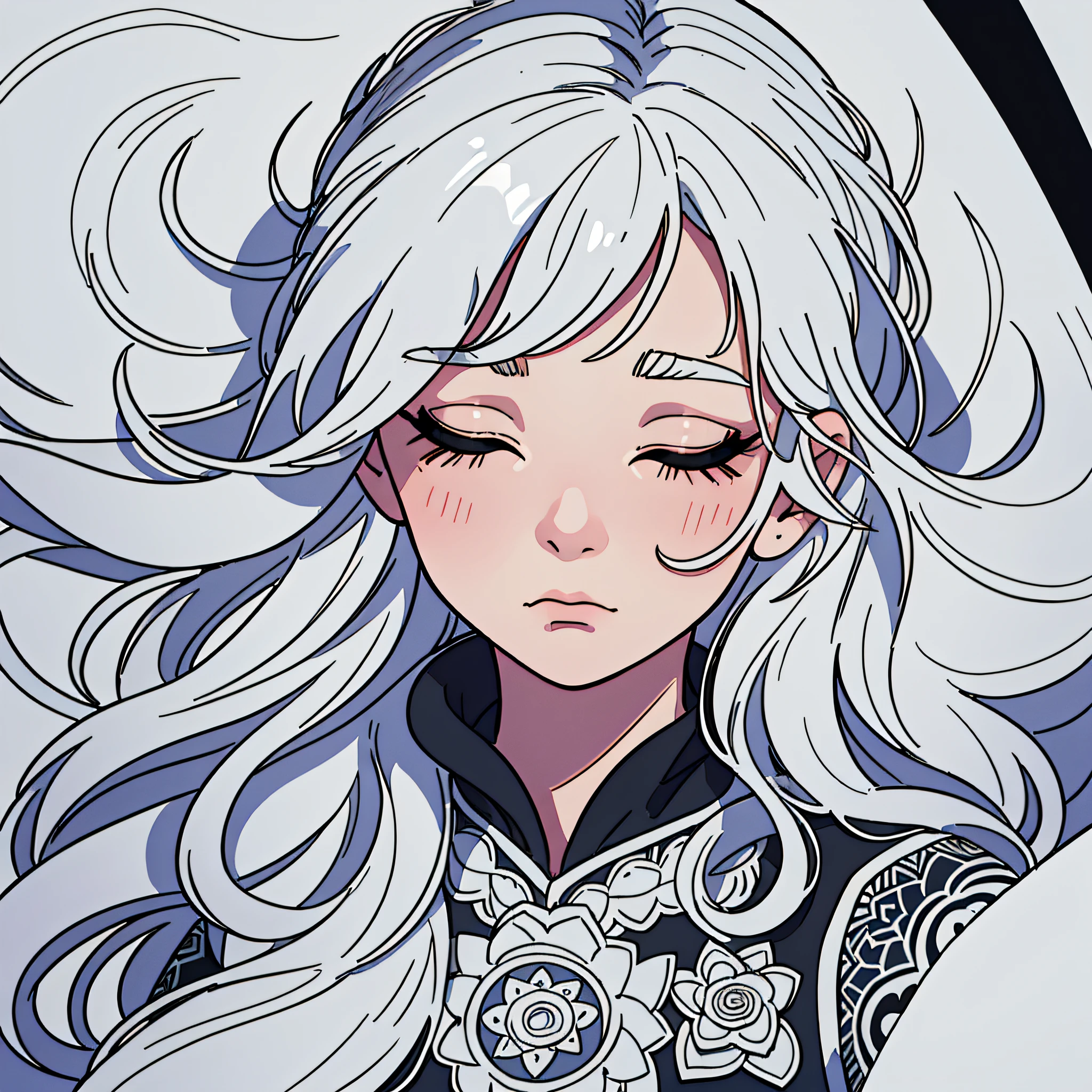(8k, RAW photo, best quality, masterpiece:1.2), (extremely detailed CG, ultra-detailed, best shadow:1.1),1girl, solo, upper body, painting, drawing, paper texture, ultra high res, ((extremely detailed face)), flat color, limited palette, low contrast, mature women, best lighting, sweater, sleeping, sleeping beauty, closing eyes, black eyeliner,a girl falling in the air, clouds, blowing hair, closed mouth, white hair, white:1.6, (zentangle, mandala, tangle, entangle:1),