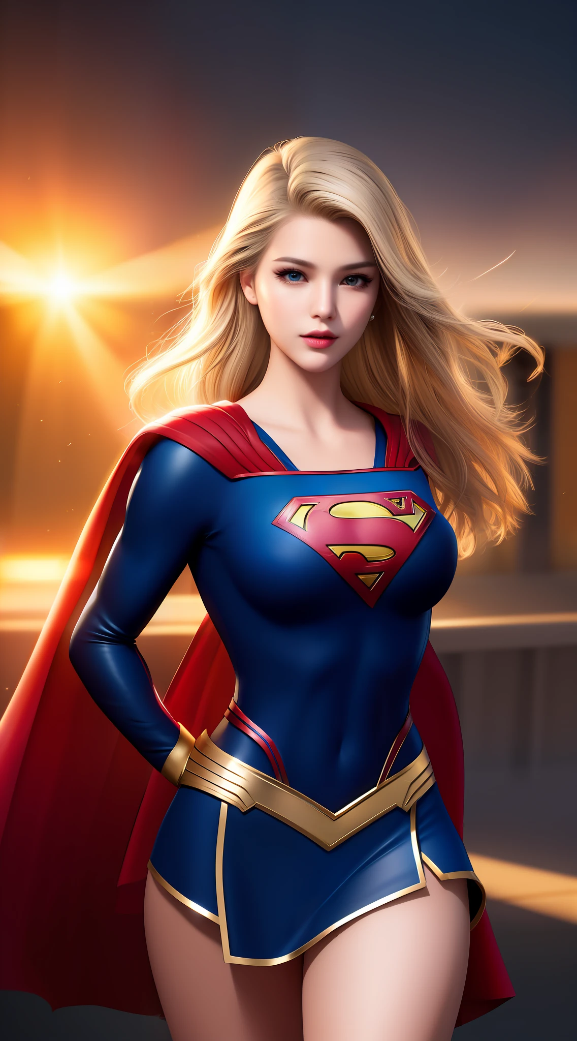 Top Quality, Masterpiece, High Resolution, 1Supergirl, Black Short Hair: 1.2, Business Dress, Skirt, Secretary Dress, Necklace, Hair Clips, Red Jewelry, Beautiful Face, Tyndall Effect, Photorealistic, Dark Studio, Rim Lighting, Two-tone Lighting, (High Detail Skin: 1.2), 8k uhd, DSLR, Soft Lighting, Sincere, Bokeh, Medium Breasts, Light Pink Lips, Masterpiece, High Quality Shadows, High Detail, Beautiful Details,  fine details, extremely detailed CG, detailed texture, realistic face expression, realistic, colorful, detailed, cinematic light, side lighting, lens reflection, ray tracing, sharp focus, (complex detail, makeup, (delicate and detailed face, delicate and detailed eyes, perfect face proportions, highly detailed skin), best proportions four fingers and a thumb, arms under chest, medium sized breasts,  wide hips, thick thighs, smooth skin, blue-eyed blonde, wearing superman's S symbol on her chest.