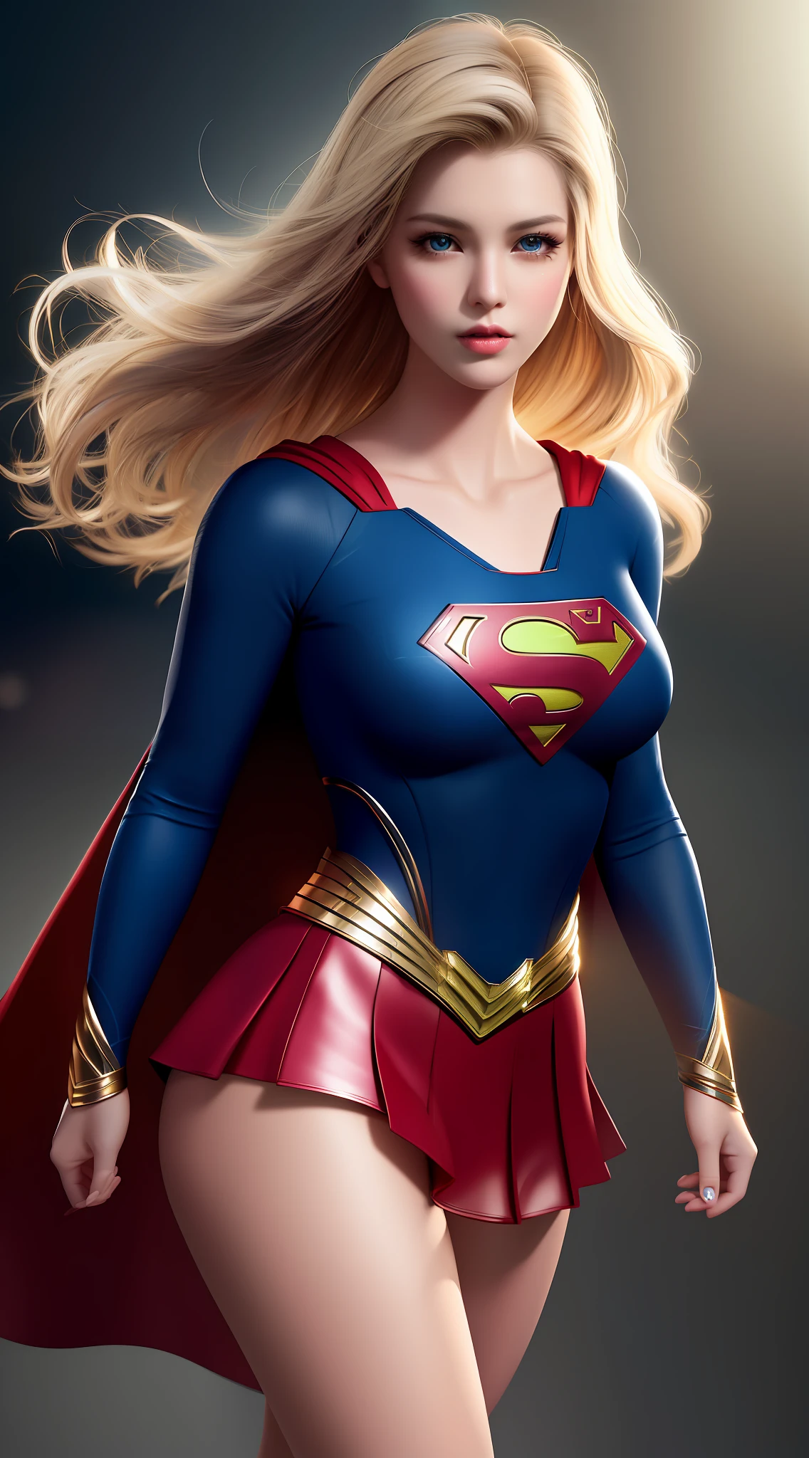 Top Quality, Masterpiece, High Resolution, 1Supergirl, Black Short Hair: 1.2, Business Dress, Skirt, Secretary Dress, Necklace, Hair Clips, Red Jewelry, Beautiful Face, Tyndall Effect, Photorealistic, Dark Studio, Rim Lighting, Two-tone Lighting, (High Detail Skin: 1.2), 8k uhd, DSLR, Soft Lighting, Sincere, Bokeh, Medium Breasts, Light Pink Lips, Masterpiece, High Quality Shadows, High Detail, Beautiful Details, fine details, extremely detailed CG, detailed texture, realistic face expression, realistic, colorful, detailed, cinematic light, side lighting, lens reflection, ray tracing, sharp focus, (complex detail, makeup, (delicate and detailed face, delicate and detailed eyes, perfect face proportions, highly detailed skin), best proportions four fingers and a thumb, arms under chest, medium sized breasts, wide hips, thick thighs, smooth skin, blue-eyed blonde, wearing superman's S symbol on her chest.