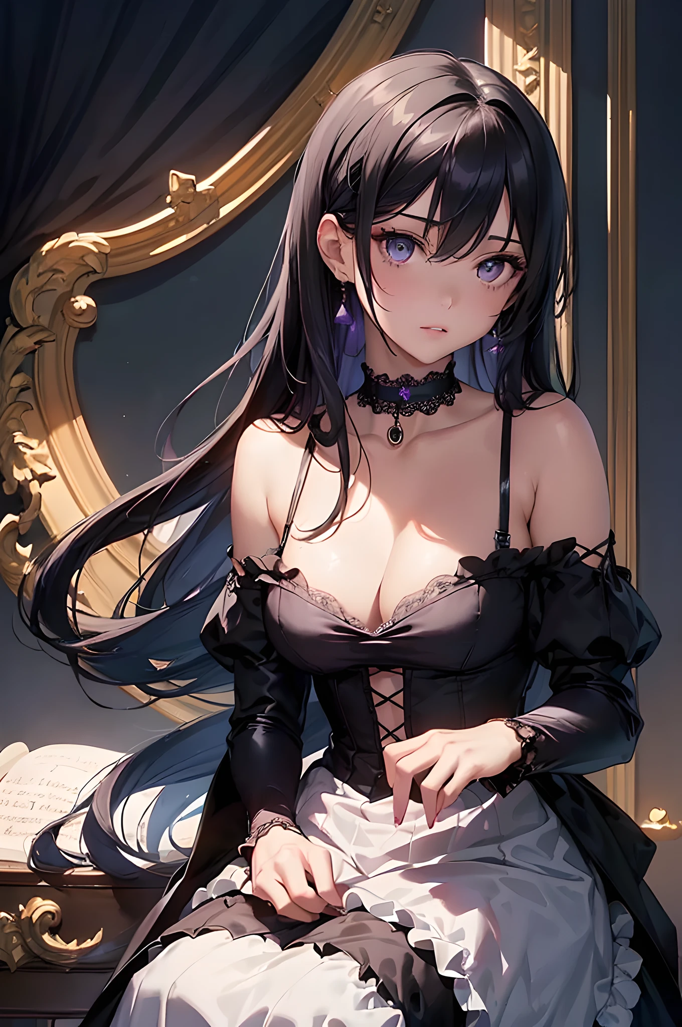 (masterpiece), (portrait), (aesthetic), (beautiful), (upper blody), (high quality), (aesthetic clothings), (professional angle), (rule of thirds), (Feminine), (woman), (female), (beautiful),(feminine features), (25 years), solo, 1 woman, (attractive Gothic Girl), Autumn, Dim light, (Playing Piano), Sitting Makeup, (Dark bust), ((holding a Average)), (Grand Piano face), (Front expression), ((Mysterious)), Melancholy, ((Choker and Lace Gloves hair)), (Long hair), (Black hair), (Straight hair), Fine shine hair, (Matte in hair), (- eyes), (Purple look), (Elegant and Enigmatic skin), (Fair clothing), (Dark Colors), (Victorian Dress), (-), Long Skirt neckline), ((Off-Shoulder background)), (Gothic Mansion in background), (Medium Shot shot), beautiful hands, two hands, normal hands, two arms, complete hands, beautiful body, beautiful fingers, normal fingers, five fingers, five fingers, (Thumb index meddle ring little fingers), beautiful ears, normal ears, beautiful eyes, shiny eyes, beautiful mouth, beautiful lips,