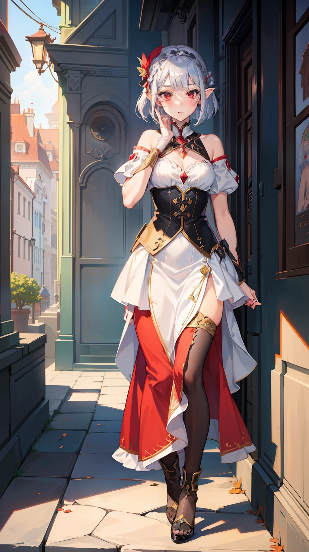 1 Girl Full Body, Elf, Silver Hair, Red Eyes, Bob Cut, Braid, Princess, Dress, Long Skirt, Hands on Their Face, Embarrassing, Blushing, Concept Art, Beautiful Anime Scene, Beautiful Anime Scenery, Top Rated on pixiv, Best Quality, 4K