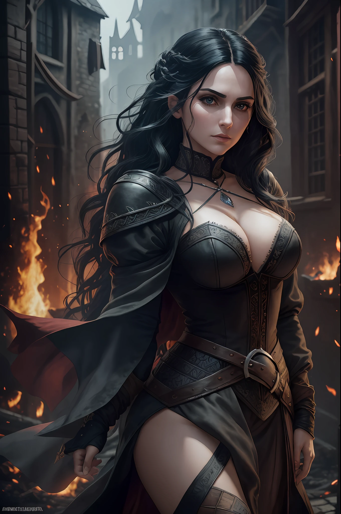 a detailed image of Vengerberg's character Yennefer, played by actress Anya Chalotra, with a piercing and intense gaze. Her black hair in the wind, dancing with the magical energy that surrounds her. Wearing Yennefer's iconic and original outfit, every detail is meticulously depicted. The image depicts Yennefer full-length in a background of a medieval city fleeing in flames, symbolizing the chaos and destruction that surrounds her --auto --s2