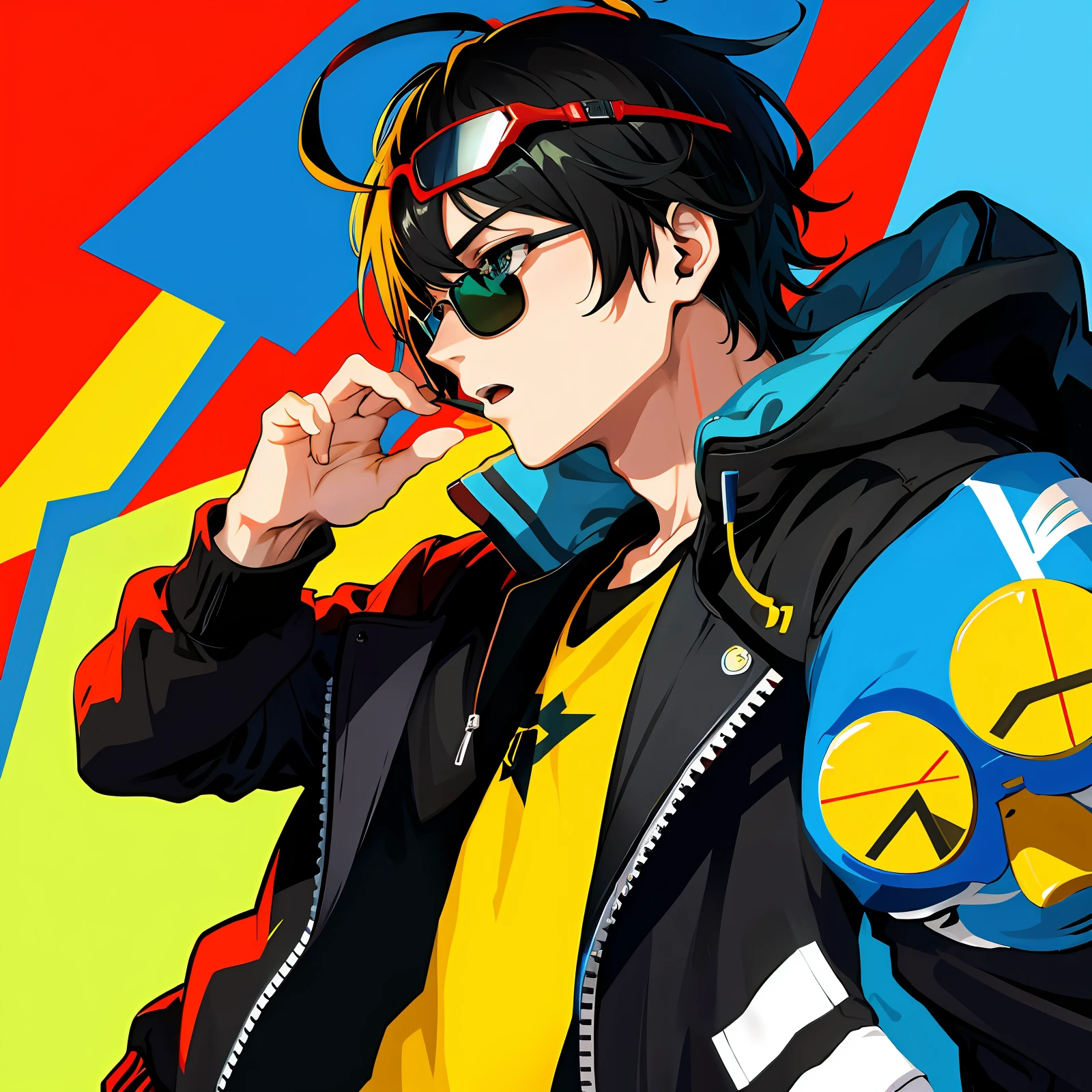 Anime profile icon, young man in sunglasses, headphone and sweatshirt, cyberpunk