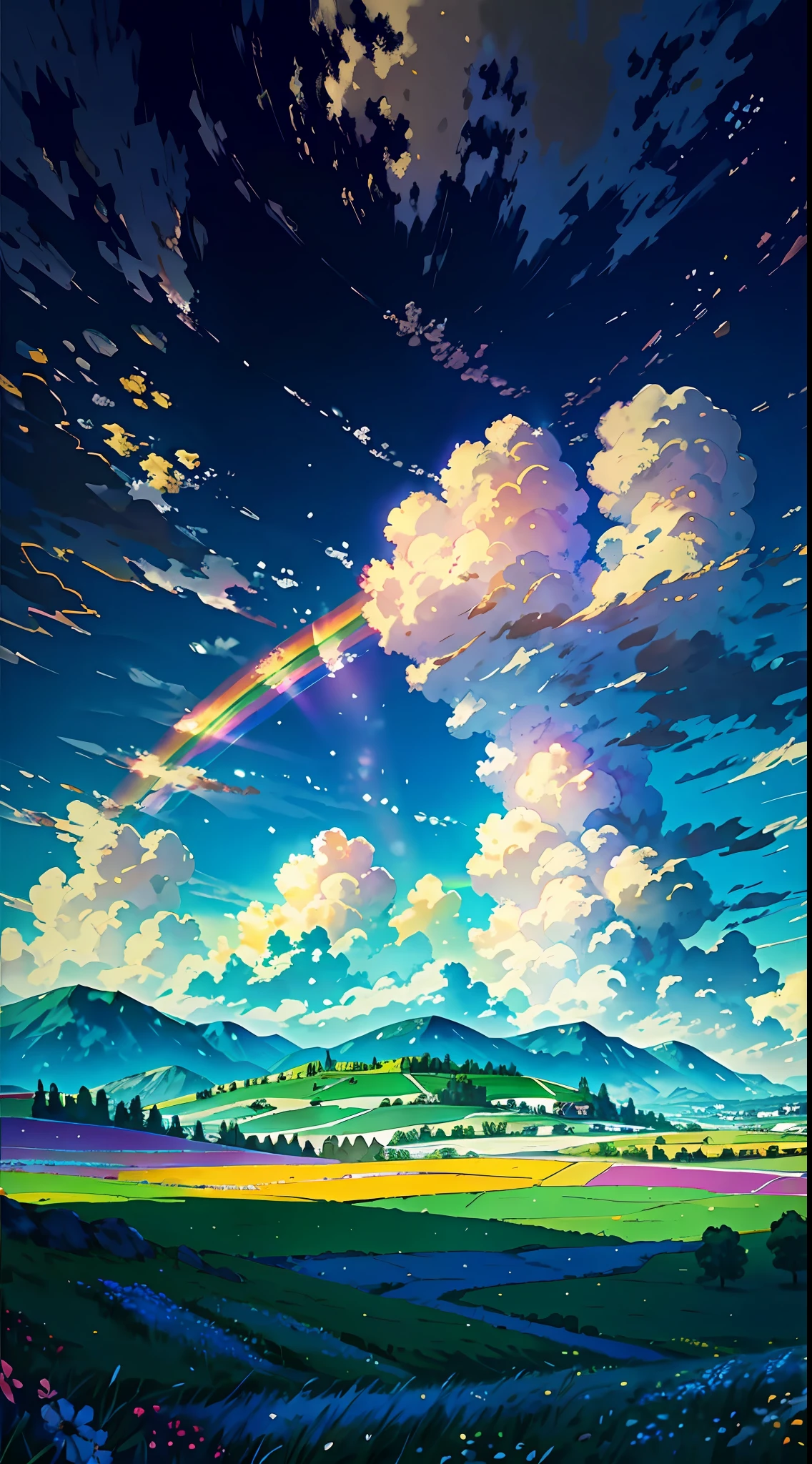 (from below, the sky above, open fields below), blue sky, white clouds, sun, sunlight, fields, mountains, meadows, flowers, wind, (dynamic composition: 1.4), rich detail, rich in color, (rainbow colors: 1.2), (luminous, atmospheric lighting), dreamy, magical,