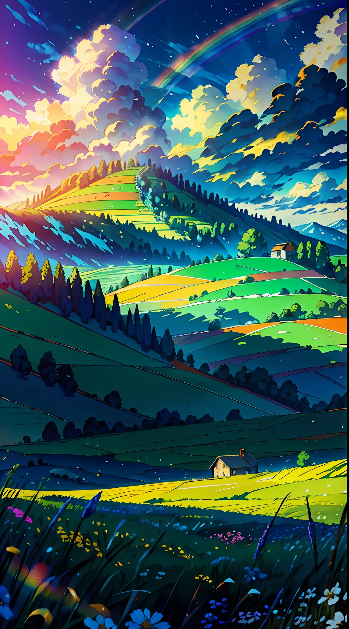 (from below, the sky above, open fields below), blue sky, white clouds, sun, sunlight, fields, mountains, meadows, flowers, wind, (dynamic composition: 1.4), rich detail, rich in color, (rainbow colors: 1.2), (luminous, atmospheric lighting), dreamy, magical,