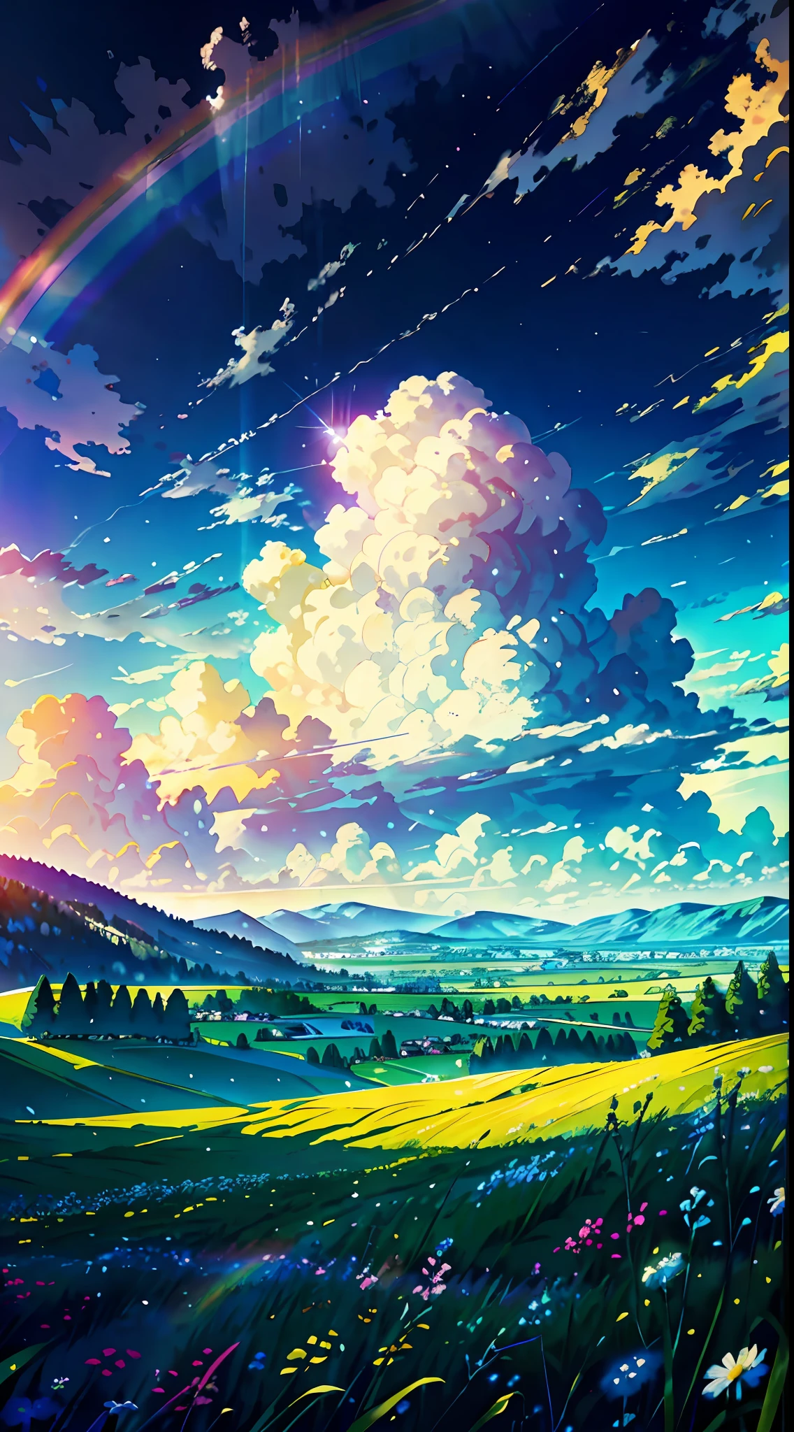 (from below, the sky above, open fields below), blue sky, white clouds, sun, sunlight, fields, mountains, meadows, flowers, wind, (dynamic composition: 1.4), rich detail, rich in color, (rainbow colors: 1.2), (luminous, atmospheric lighting), dreamy, magical,