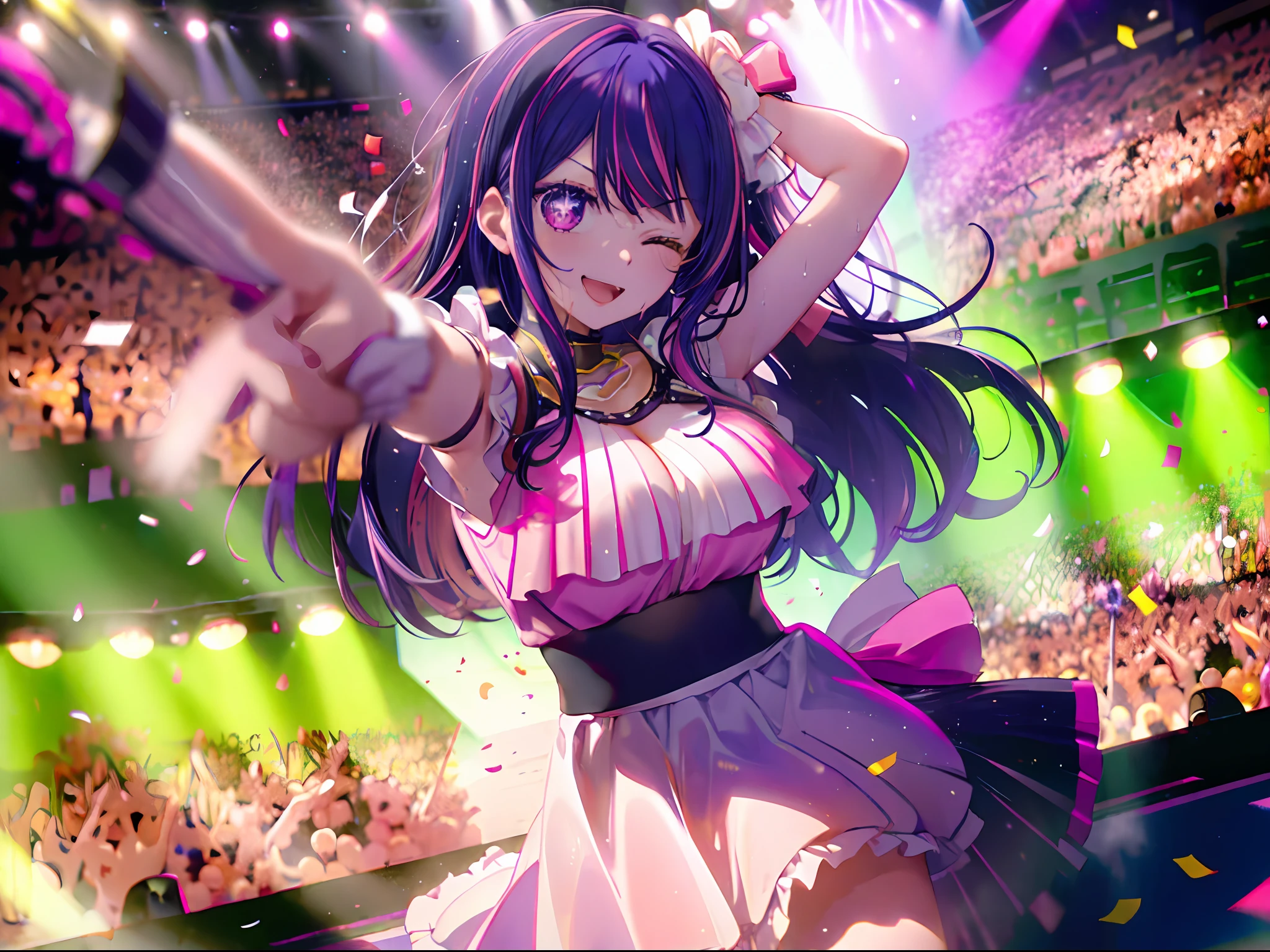 absurdres, highres,
BREAK
looking at viewer, (face focus:1.3), (from front:1.5)
BREAK
(vivid-color:1.3)
BREAK
(one girl:1.3), (loli:1.2), (Hoshino Ai:1.4), (purple hair, streaked hair:1.5), (purple eyes:1.5), (happy smile:1.7), (pointing:1.5), (singing, one arm up, one eye closed, lifting her feet:1.3), twisting waist, (shiny eyes:1.3), (upturned eyes, happy smile:1.2), star-shaped pupils, hairclip, earrings, jewelry, nm1, (gloves:1.2), (frills, pink shirt:1.2), (pointing:1.3), dress pull, Roaring Twenties, sleeveless, shirt, idol, symbol-shaped pupils, (White fluid on the body:1.4), (thighs:1.3), (huge breasts, cleavage:1.3), (face focus:1.2), open mouth, (breast:1.3), round eyes, (blowing in the wind:0.5), (sweat around girl, dripping sweat:1.3), squall (wind:1.2), sense of speed, refreshing breeze, motion blur effect, wind
BREAK
background is (on the Idol stage:1.3), (Stand in the center of the screen:1.3), indoors, idol live, wind, (Colorful spotlights:1.7)
BREAK
magnificent view, (10,000 people spectators:1.3), light particles, (confetti:1.4), dynamic angle, dutch angle, perspective
BREAK
(night, spot light:1.5), depth of field, bokeh, light leaks, (chromatic aberration:1.2)
BREAK