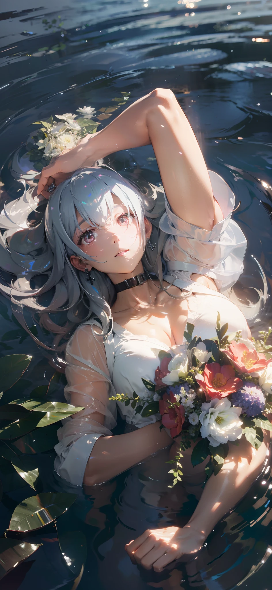 Physically based rendering, professional lighting, extreme detail, white shirt, bouquet, cross earrings, lying on the water, high brightness, refreshing, soft light