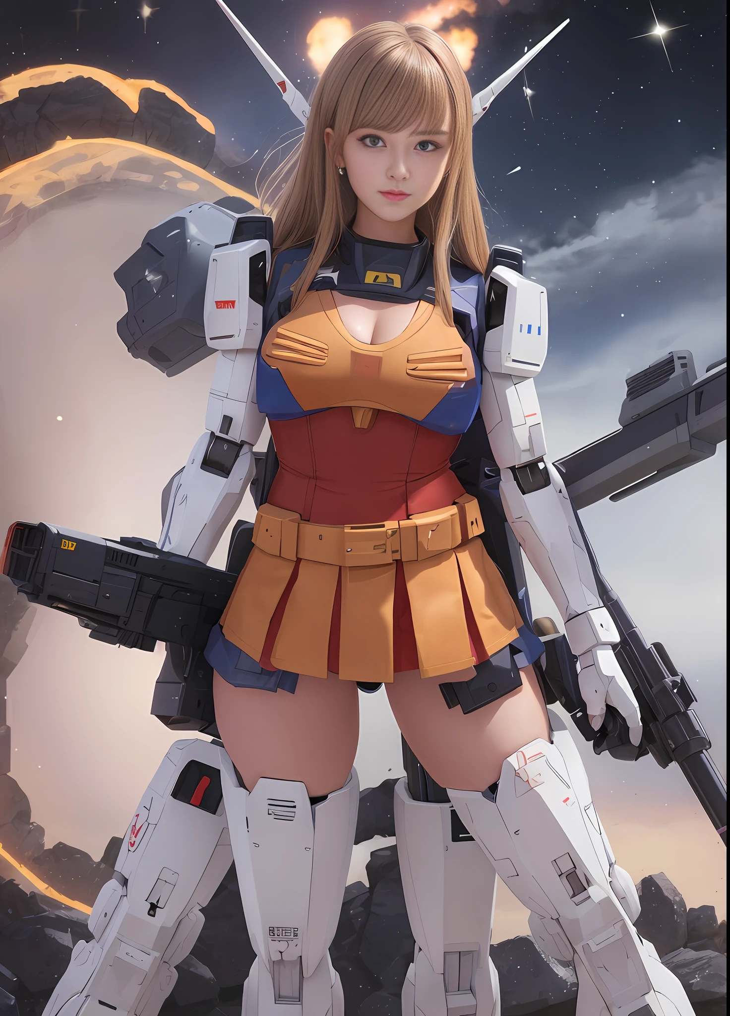 (top quality), (masterpiece), nsfw, personification of Mobile Suit Gundam F91, great highlights of the upper body, powerful mecha, beautiful girl with a beam rifle, 22 years old, baby face, modest nose, neat smile, medium hair, droopy eyes, absolute area, moist wet and slightly thick thighs, no panties, attractive waist, short skirt, open legs, outer space, scene of fighting enemies,
