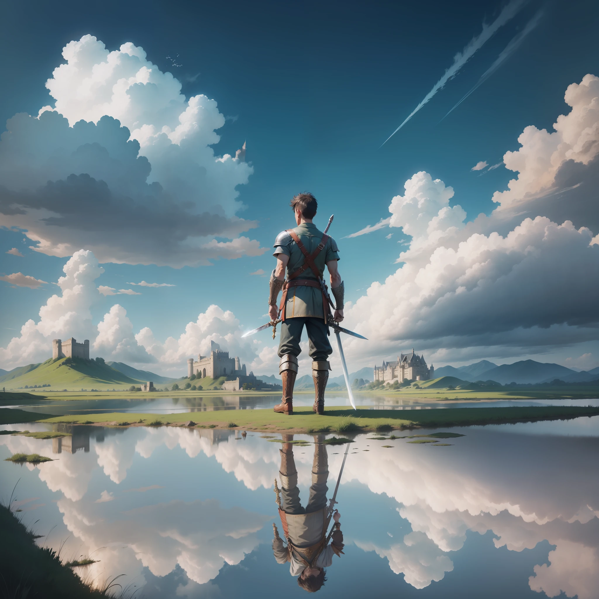 Expansive landscape, view from below, reflection details, day, bright sun, clouds, very detailed, a boy standing on the road, sword in hand, warrior style, looking up at the sky, (destroyed castle in the background), CG style,