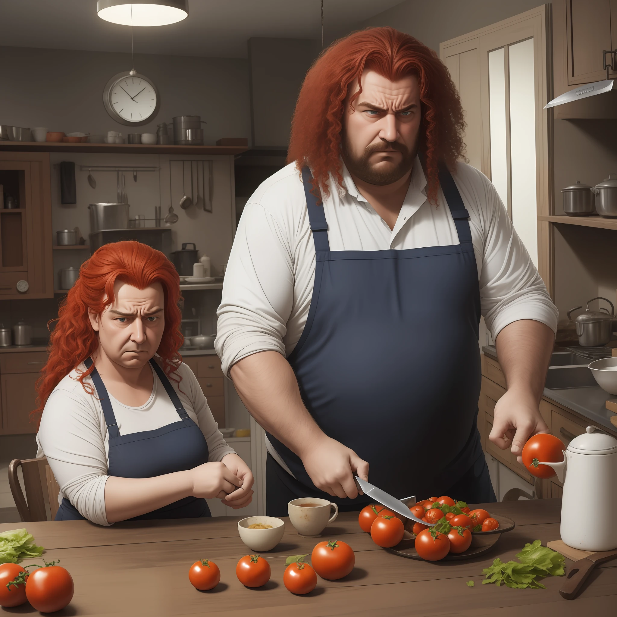 Realistic image, high definition. 16k. Husband and wife very fat, ugly and red-haired. They have big hair. They're eating pretty giant tomatoes in a big, large, dirty kitchen. The kitchen is old and old and large and with old furniture. There's dirt everywhere. Dark and gloomy place. The table has a lot of grease. He holds a knife and his expression is one of hatred.