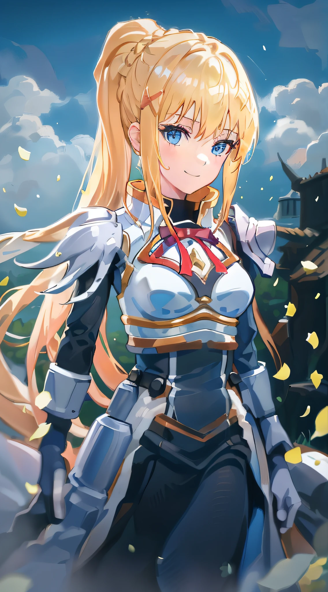 Best Quality, High Resolution, 1girl, Long Hair, Blonde Hair, X Hair Ornament, Armor, Blue Eyes, Ponytail, Hair Ornament, Gloves, Shoulder Armor, Braid, Black Gloves, Pauldron, White Boots, Darkness (konosuba),Meadow, Outdoors, Smile,upper body