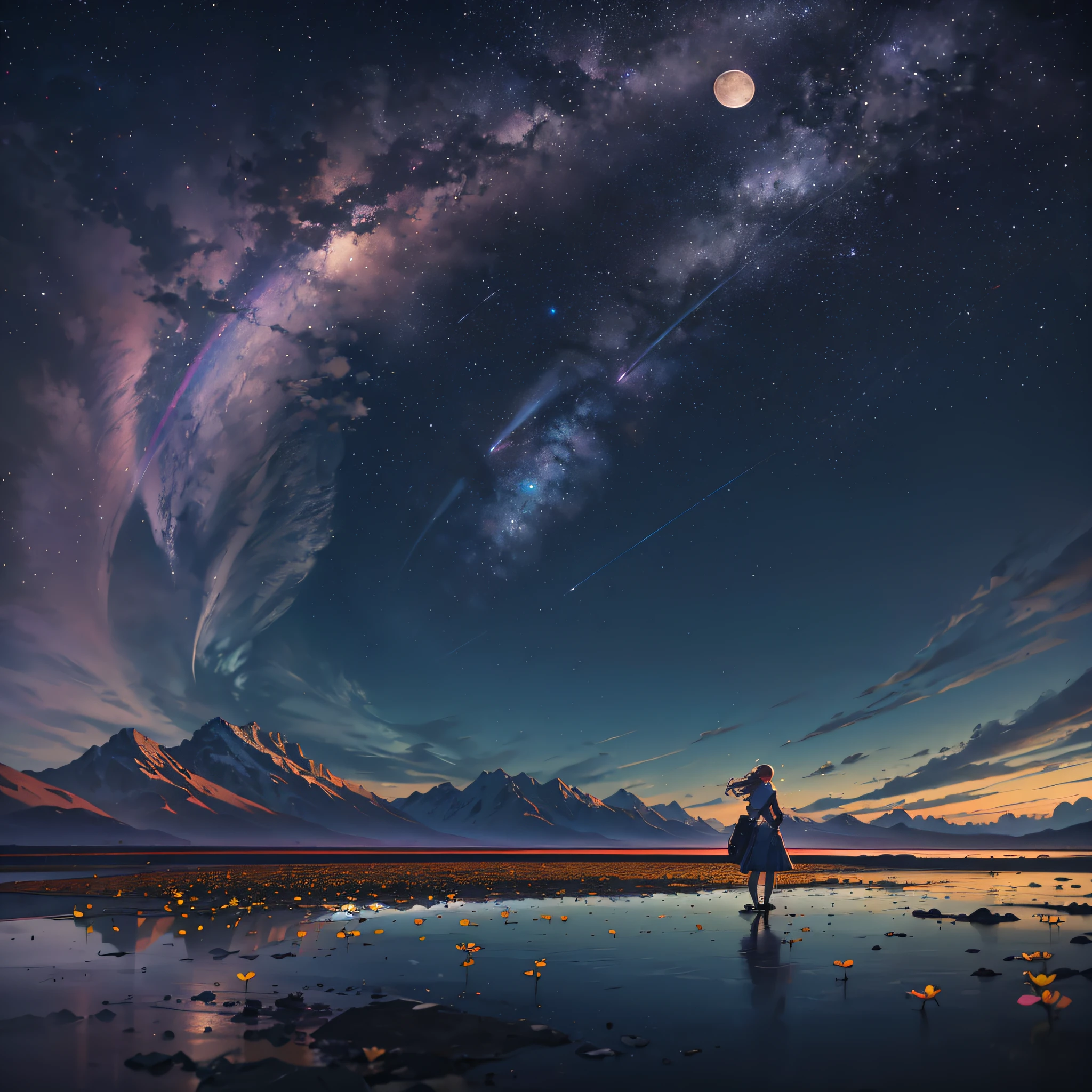A wide landscape photo, (viewed from below, the sky is above, and the open field is below), a girl standing on a flower field looking up, (full moon: 1.2), (meteor: 0.9), (nebula: 1.3), distant mountains , Trees BREAK Crafting Art, (Warm Light: 1.2), (Firefly: 1.2), Lights, Lots of Purple and Orange, Intricate Details, Volumetric Lighting BREAK (Masterpiece: 1.2), (Best Quality), 4k, Ultra Detailed, (Dynamic Composition: 1.4), Rich in Detail and Color, (Rainbow Color: 1.2), (Glow, Atmospheric Lighting), Dreamy, Magical, (Solo: 1.2) --auto --s2