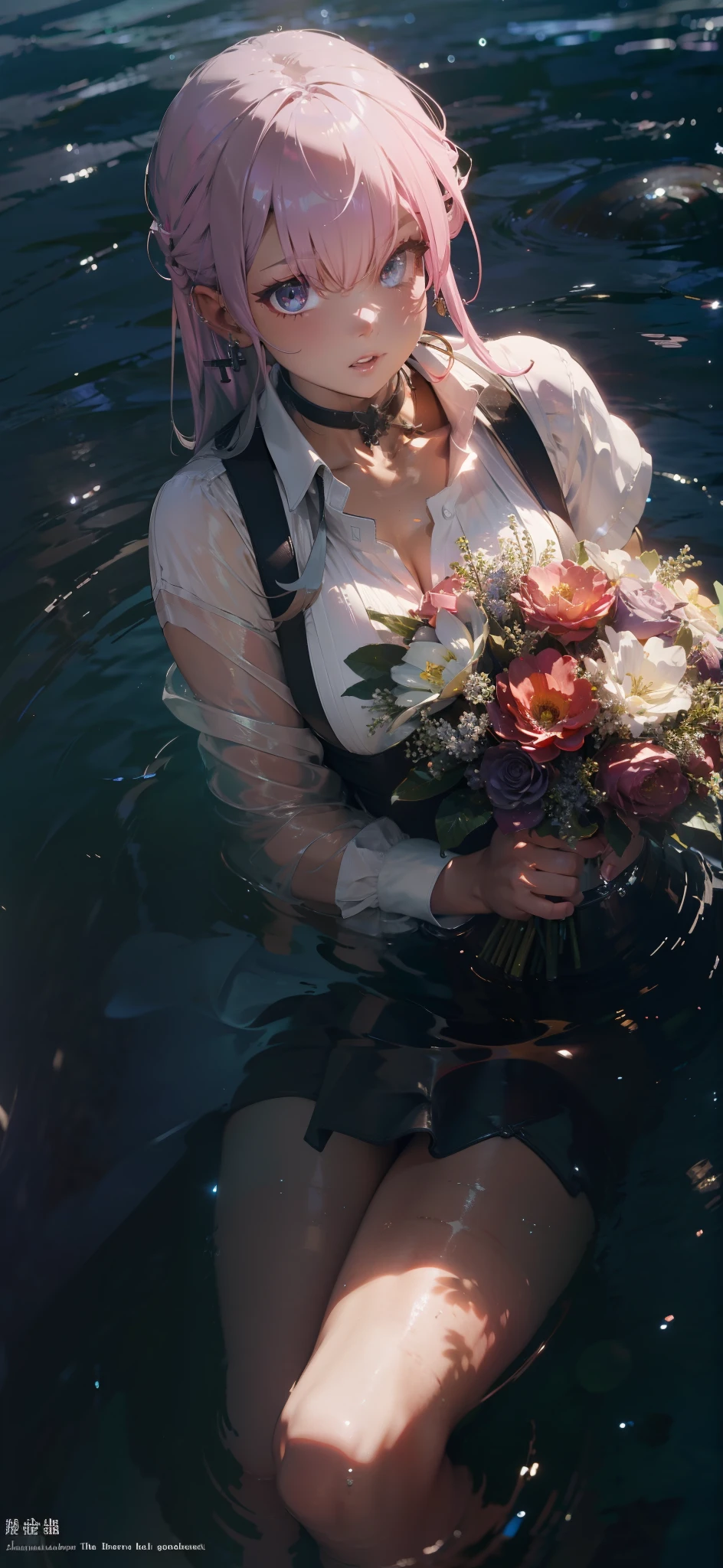 Physically based rendering, professional lighting, extreme detail, white shirt, bouquet, cross earrings, lying on the water, high brightness, refreshing, soft light