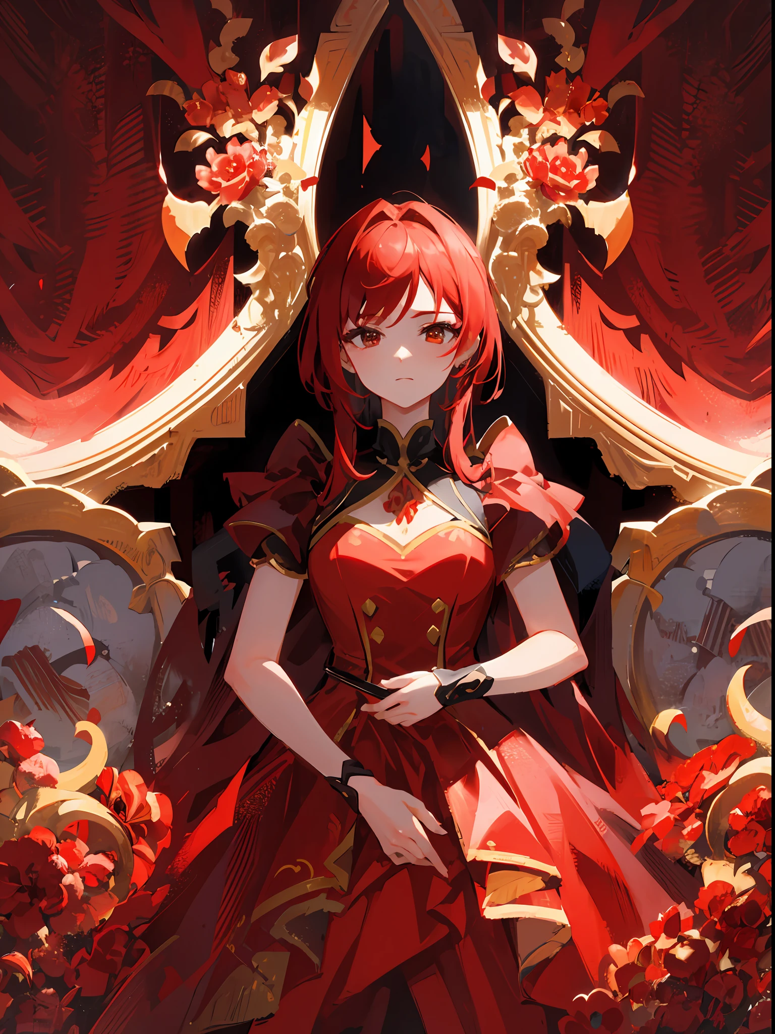 Generate high-quality, vibrant red images of women. She is dressed in a sophisticated fashion style and wears elegant outfits based on red. The background is a landscape with abstract and fantastic elements, interspersed with motifs of red flowers and flames. Her poses are fluid and give a sense of graceful movement. The effects of light and shadow are vividly expressed, and the faces and expressions that are carefully depicted in the details of the red costumes and makeup are emotionally revealed. The overall atmosphere is contemporary, yet has its own artistic touch, which brings out the passion and strength of red. This image is vividly colored in red, evoking visual stimulation and aesthetics, and will intrigue and surprise the viewer.