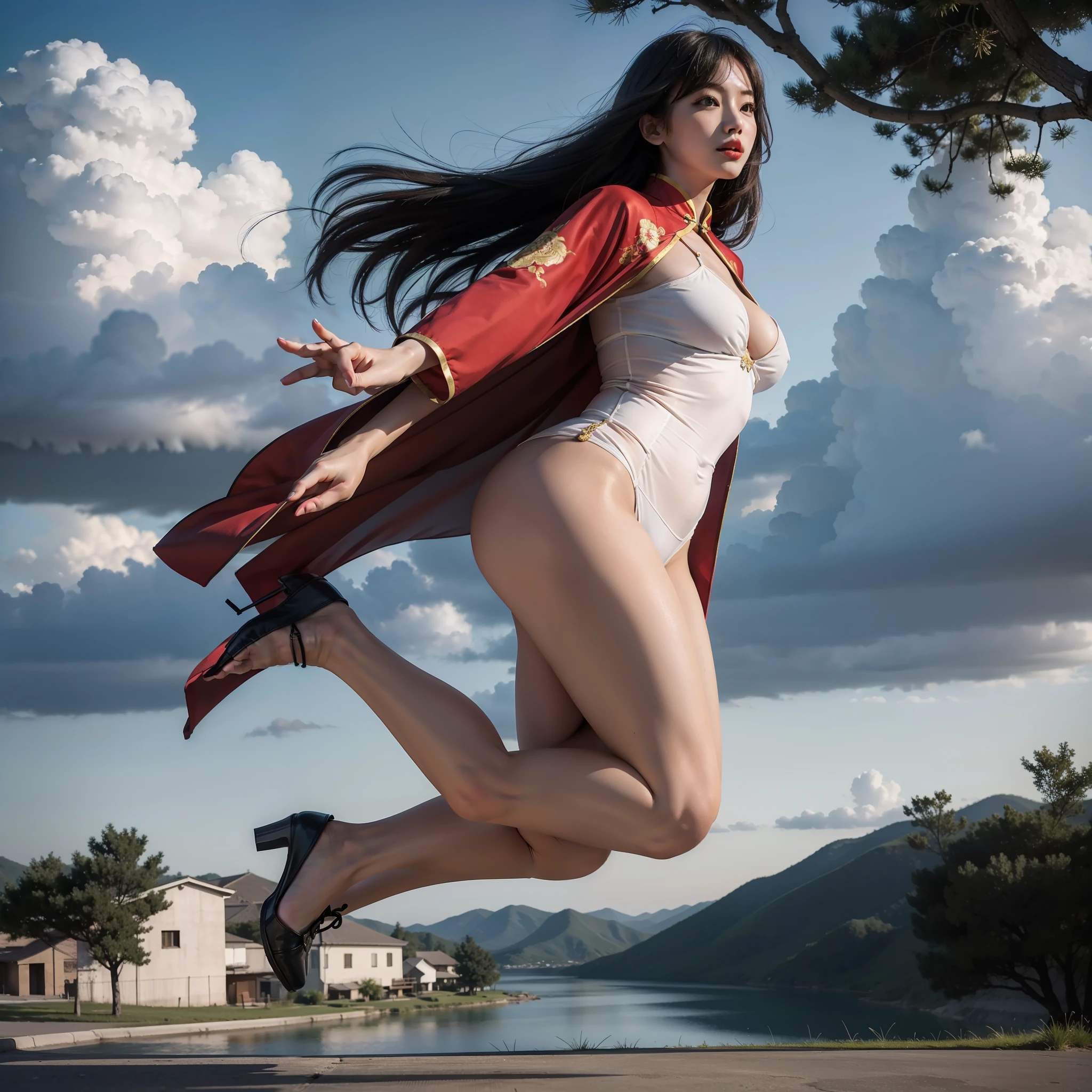 masterpiece, best quality, highres, ultra high res,real, photorealistic,1 girl,evening,natural lighting,looking at viewer,outdoor,full body,happy,jumping,chinese clothes style,space,plump body,medium breasts,medium thighs