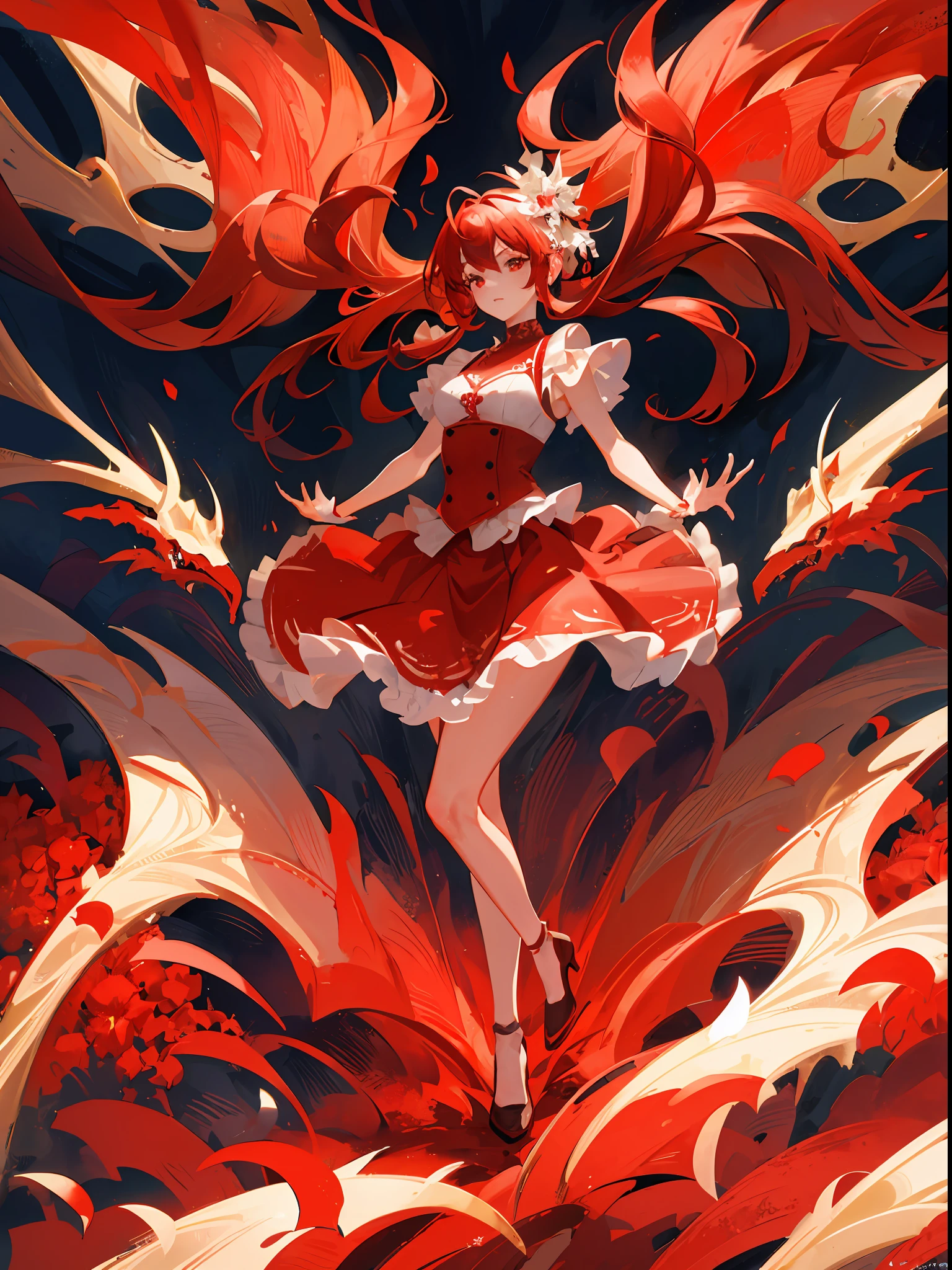 Generate high-quality, vibrant red images of women. She is dressed in a sophisticated fashion style and wears elegant outfits based on red. The background is a landscape with abstract and fantastic elements, interspersed with motifs of red flowers and flames. Her poses are fluid and give a sense of graceful movement. The effects of light and shadow are vividly expressed, and the faces and expressions that are carefully depicted in the details of the red costumes and makeup are emotionally revealed. The overall atmosphere is contemporary, yet has its own artistic touch, which brings out the passion and strength of red. This image is vividly colored in red, evoking visual stimulation and aesthetics, and will intrigue and surprise the viewer.