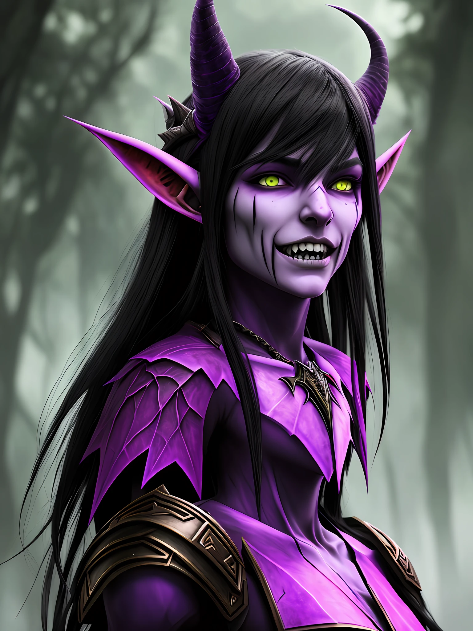 Corrupted elf, realistic style, black hair, violet skin, red eyes, protruding teeth