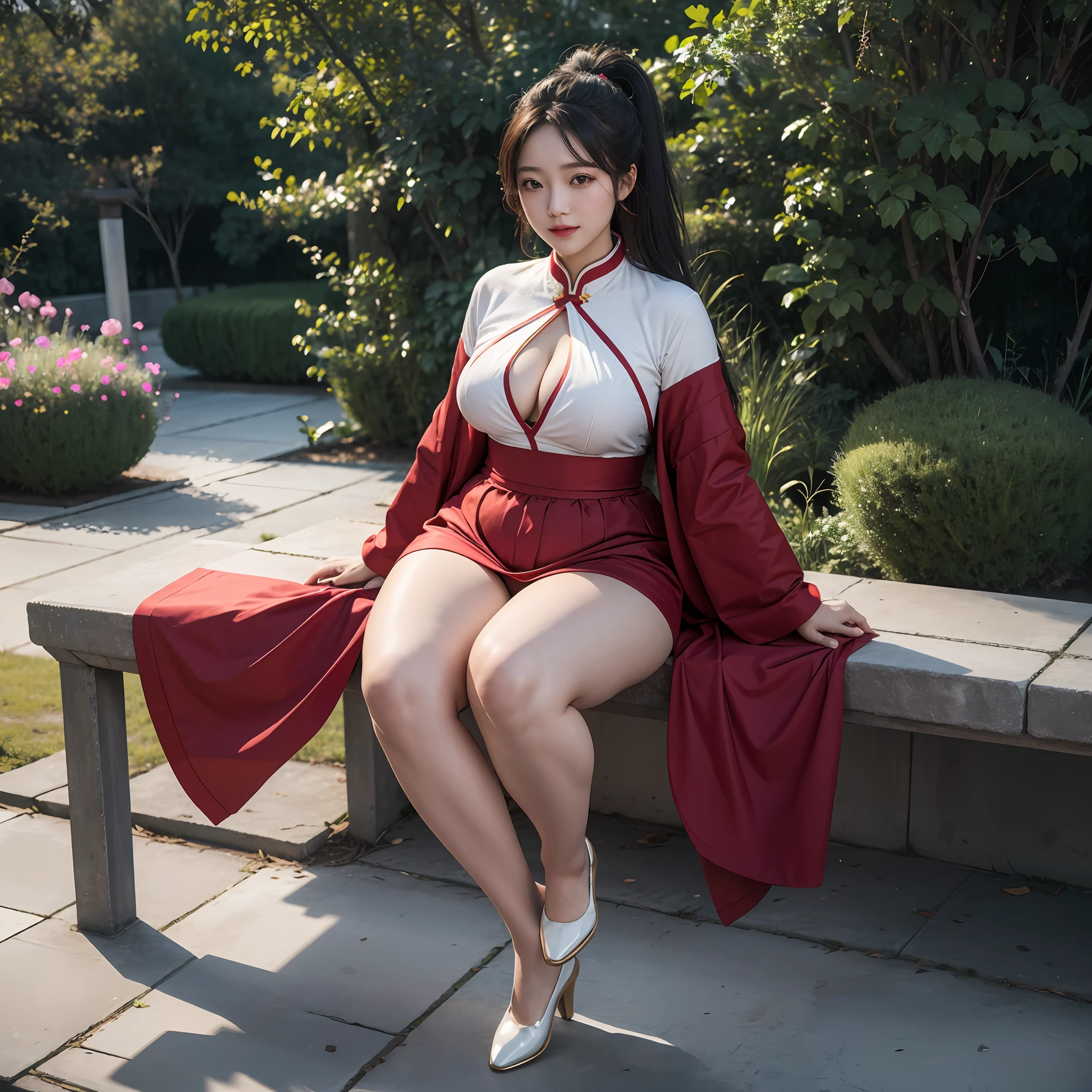 masterpiece, best quality, highres, ultra high res,real, photorealistic,1 girl,evening,natural lighting,looking at viewer,outdoor,full body,happy,jumping,chinese clothes style,space,plump body,medium breasts,medium thighs