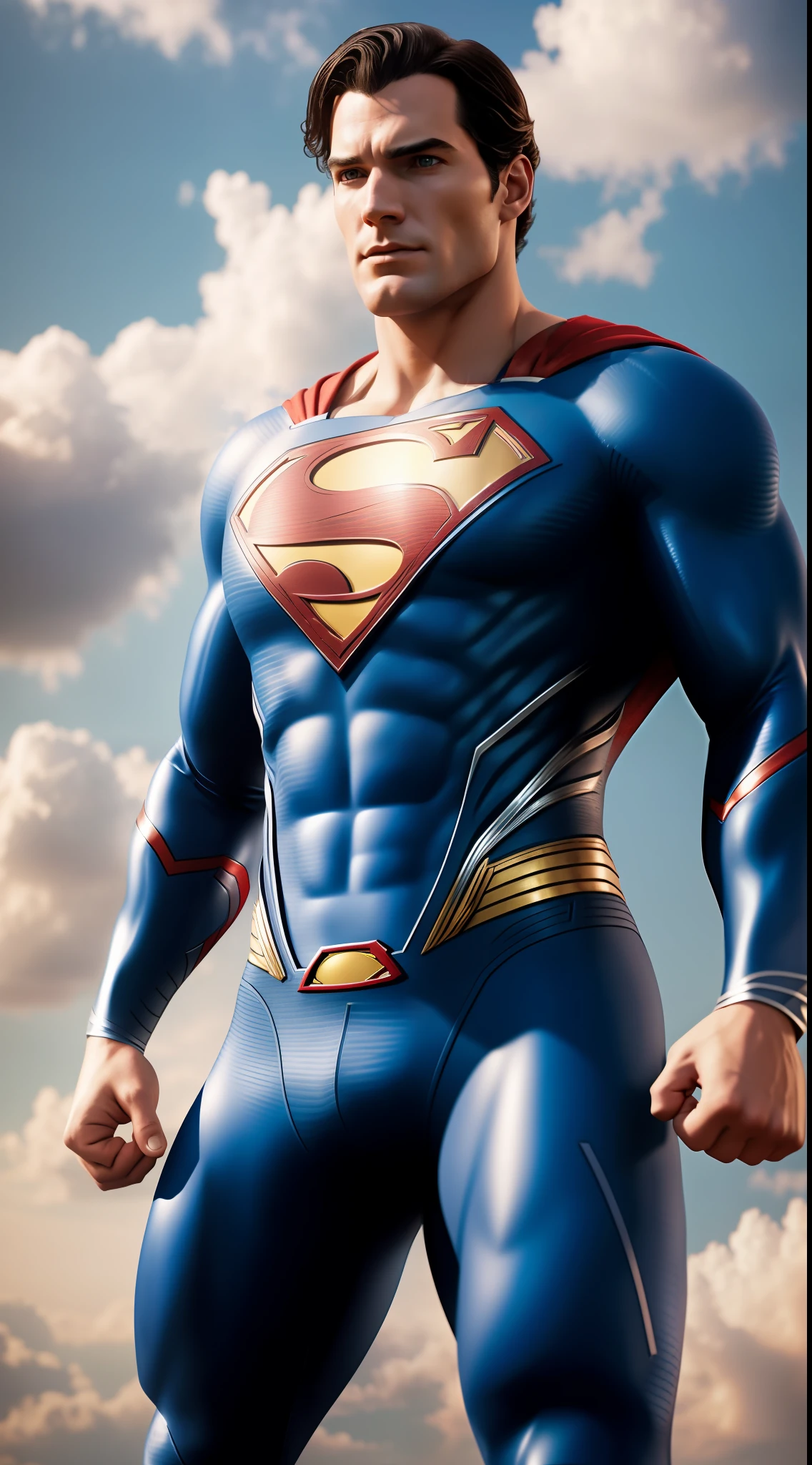 superman, whole body, photography, in the background a sky full of clouds, soft lighting, soft details, octane, artstation trend, ultra high detail, ultra realistic, cinematic, 16k