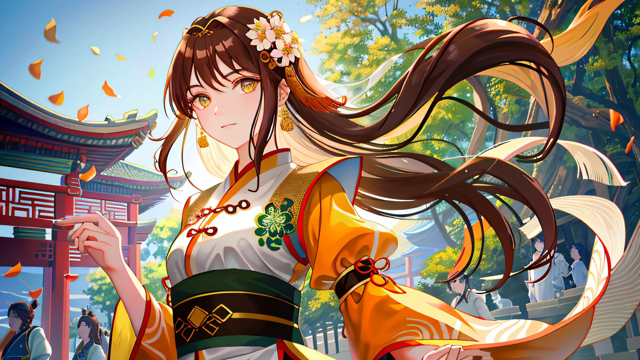 Mature girl , green orange eyes, brown hair color, floating hair, delicate and smart eyes, intricate damask hanfu, gorgeous accessories, wearing pearl earrings, fov, f/1.8, masterpiece, ancient Chinese architecture, blue sky, flower petals flying, front portrait shot, Chang'e, side lighting, sunlight on people, 8K