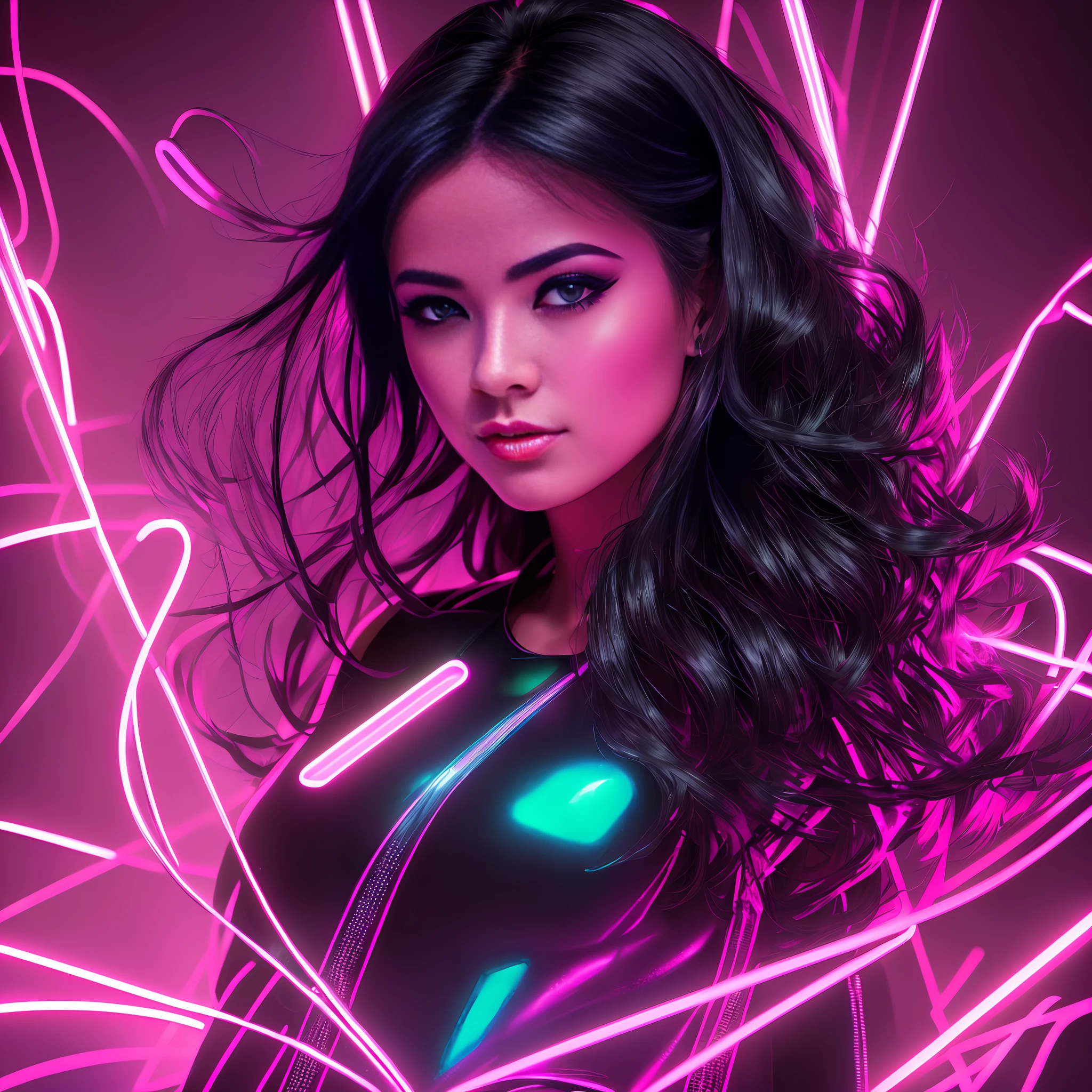 arafed image of a woman in a shiny black top, glowwave girl portrait, ross tran 8 k, magenta lighting. fantasy, neon digital art, neon light and fantasy, glowing neon vray, connected with glowing tubes 8 k, beautiful digital artwork, dreamy cyberpunk girl, stunning digital illustration, cyber neon lighting, glossy digital painting, neon art style