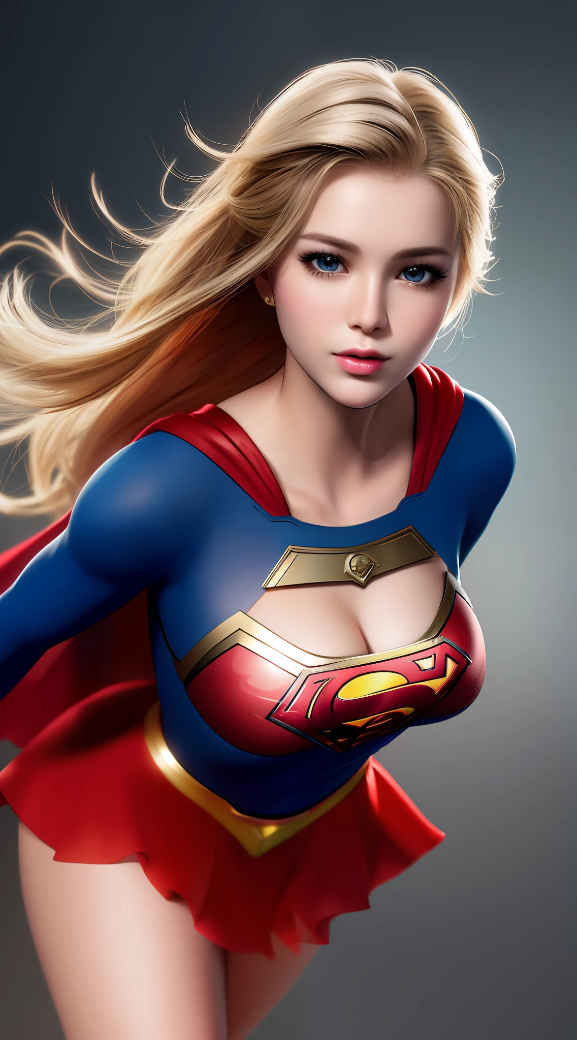 Top Quality, Masterpiece, High Resolution, 1Supergirl, Black Short Hair: 1.2, Business Dress, Skirt, Secretary Dress, Necklace, Hair Clips, Red Jewelry, Beautiful Face, Tyndall Effect, Photorealistic, Dark Studio, Rim Lighting, Two-tone Lighting, (High Detail Skin: 1.2), 8k uhd, DSLR, Soft Lighting, Sincere, Bokeh, Medium Breasts, Light Pink Lips, Masterpiece, High Quality Shadows, High Detail, Beautiful Details,  fine details, extremely detailed CG, detailed texture, realistic face expression, realistic, colorful, detailed, cinematic light, side lighting, lens reflection, ray tracing, sharp focus, (complex detail, makeup, (delicate and detailed face, delicate and detailed eyes, perfect face proportions, highly detailed skin), best proportions four fingers and a thumb, arms under chest, medium sized breasts,  wide hips, thick thighs, smooth skin, blue-eyed blonde, wearing superman's S symbol on her chest.