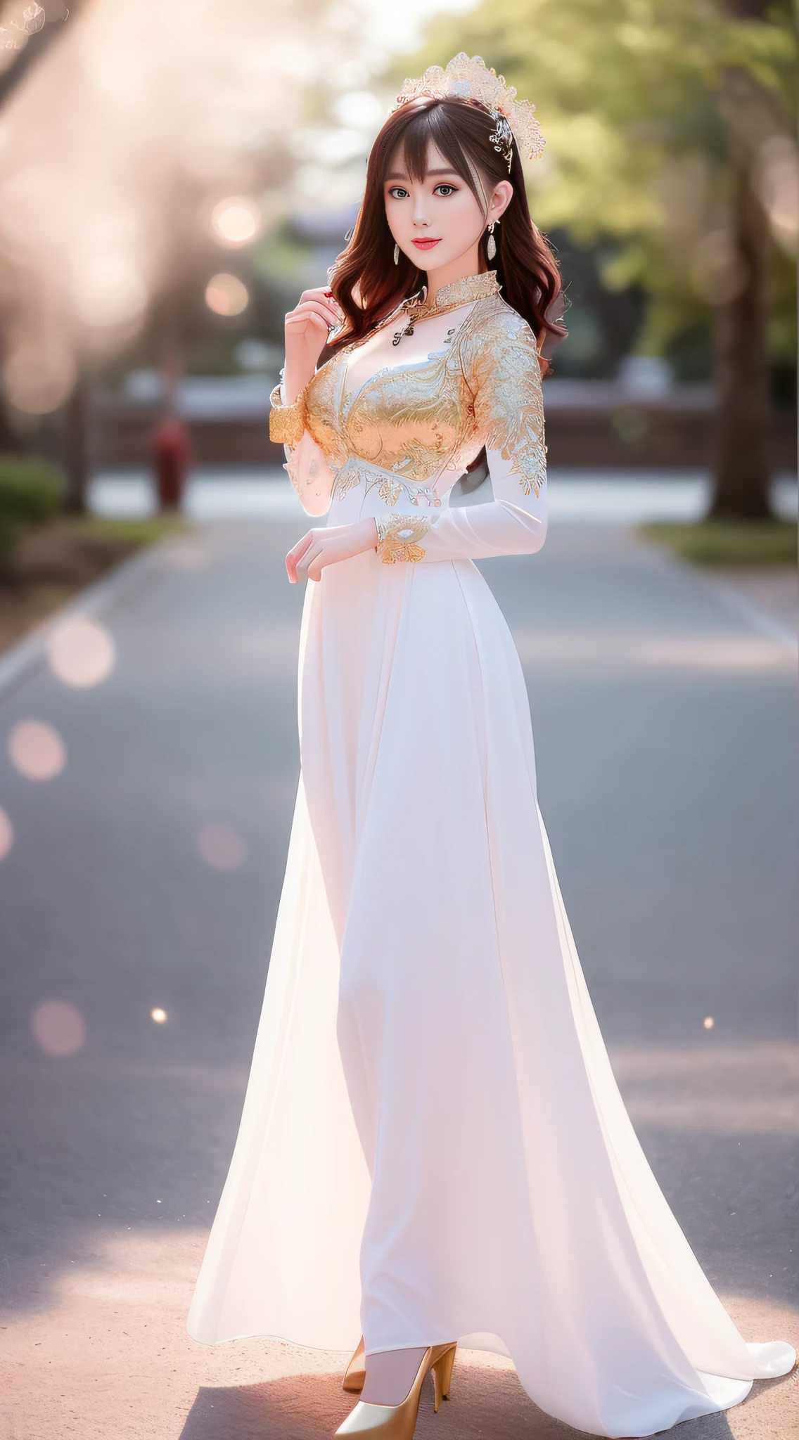 ((Best Quality)), ((Masterpiece)), ((Ultra High Resolution)), (Intricate Details), (Soft Lighting), Cinematic, Dramatic, Composition, Clear Sky, Fauvism, Surreal, Epic, Awe, Crazy Level of Detail, 1 Woman, (Beautiful Body), (White Clothes) (OL Pro Suit), Pencil Skirt, (Full Body Shot), (short hair: 1.2), (brunet: 1.5), 35mm, sharp, surreal, necklace, (detailed ornament), hair accessories, earrings, bracelets, rings, soft lips, pink lipstick, blue eyes, golden ratio, wide shoulders, thin waist, hips, normal breasts, optimal ratio of four fingers and one thumb, (perfect hands), real human skin, lens flare, shadow, backlight, depth of field, natural lighting, street background, smile, blush, depth of field, (same character, front), (Direct Lens: 1.4), ((Full Body: 1.6))), 168 cm, Arms Outstretched, High Heels, (Standing: 1.5), Front Pose, Facing Viewer, Full Body Photo (FLS), Single, Vanishing Point