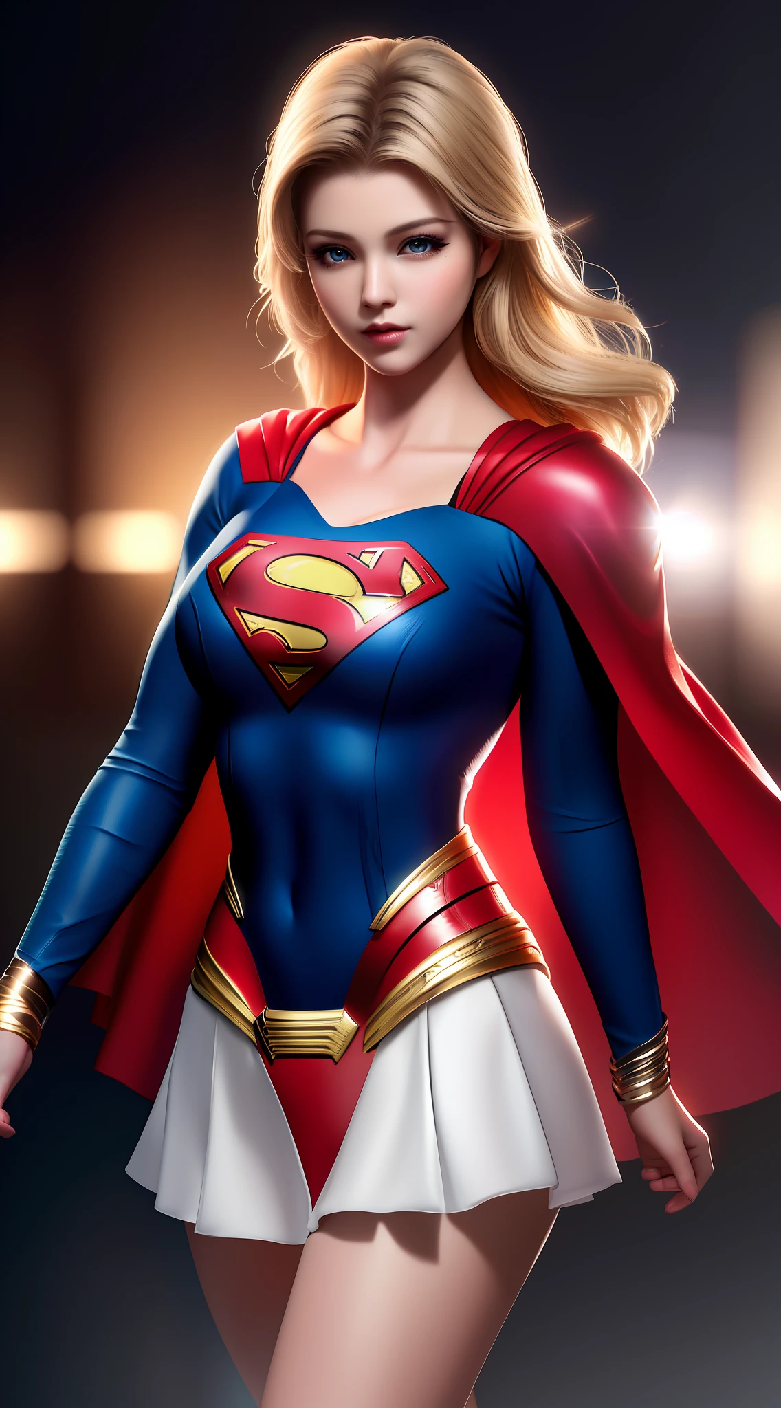 Top Quality, Masterpiece, High Resolution, 1Supergirl, Black Short Hair: 1.2, Business Dress, Skirt, Secretary Dress, Necklace, Hair Clips, Red Jewelry, Beautiful Face, Tyndall Effect, Photorealistic, Dark Studio, Rim Lighting, Two-tone Lighting, (High Detail Skin: 1.2), 8k uhd, DSLR, Soft Lighting, Sincere, Bokeh, Medium Breasts, Light Pink Lips, Masterpiece, High Quality Shadows, High Detail, Beautiful Details, fine details, extremely detailed CG, detailed texture, realistic face expression, realistic, colorful, detailed, cinematic light, side lighting, lens reflection, ray tracing, sharp focus, (complex detail, makeup, (delicate and detailed face, delicate and detailed eyes, perfect face proportions, highly detailed skin), best proportions four fingers and a thumb, arms under chest, medium sized breasts, wide hips, thick thighs, smooth skin, blue-eyed blonde, wearing superman's S symbol on her chest.