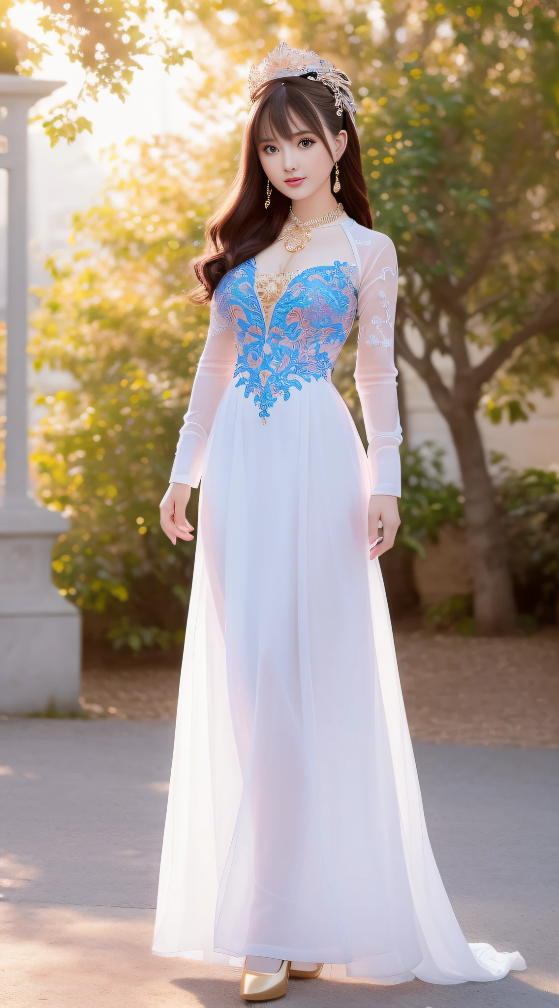 ((Best Quality)), ((Masterpiece)), ((Ultra High Resolution)), (Intricate Details), (Soft Lighting), Cinematic, Dramatic, Composition, Clear Sky, Fauvism, Surreal, Epic, Awe, Crazy Level of Detail, 1 Woman, (Beautiful Body), (White Clothes) (OL Pro Suit), Pencil Skirt, (Full Body Shot), (short hair: 1.2), (brunet: 1.5), 35mm, sharp, surreal, necklace, (detailed ornament), hair accessories, earrings, bracelets, rings, soft lips, pink lipstick, blue eyes, golden ratio, wide shoulders, thin waist, hips, normal breasts, optimal ratio of four fingers and one thumb, (perfect hands), real human skin, lens flare, shadow, backlight, depth of field, natural lighting, street background, smile, blush, depth of field, (same character, front), (Direct Lens: 1.4), ((Full Body: 1.6))), 168 cm, Arms Outstretched, High Heels, (Standing: 1.5), Front Pose, Facing Viewer, Full Body Photo (FLS), Single, Vanishing Point