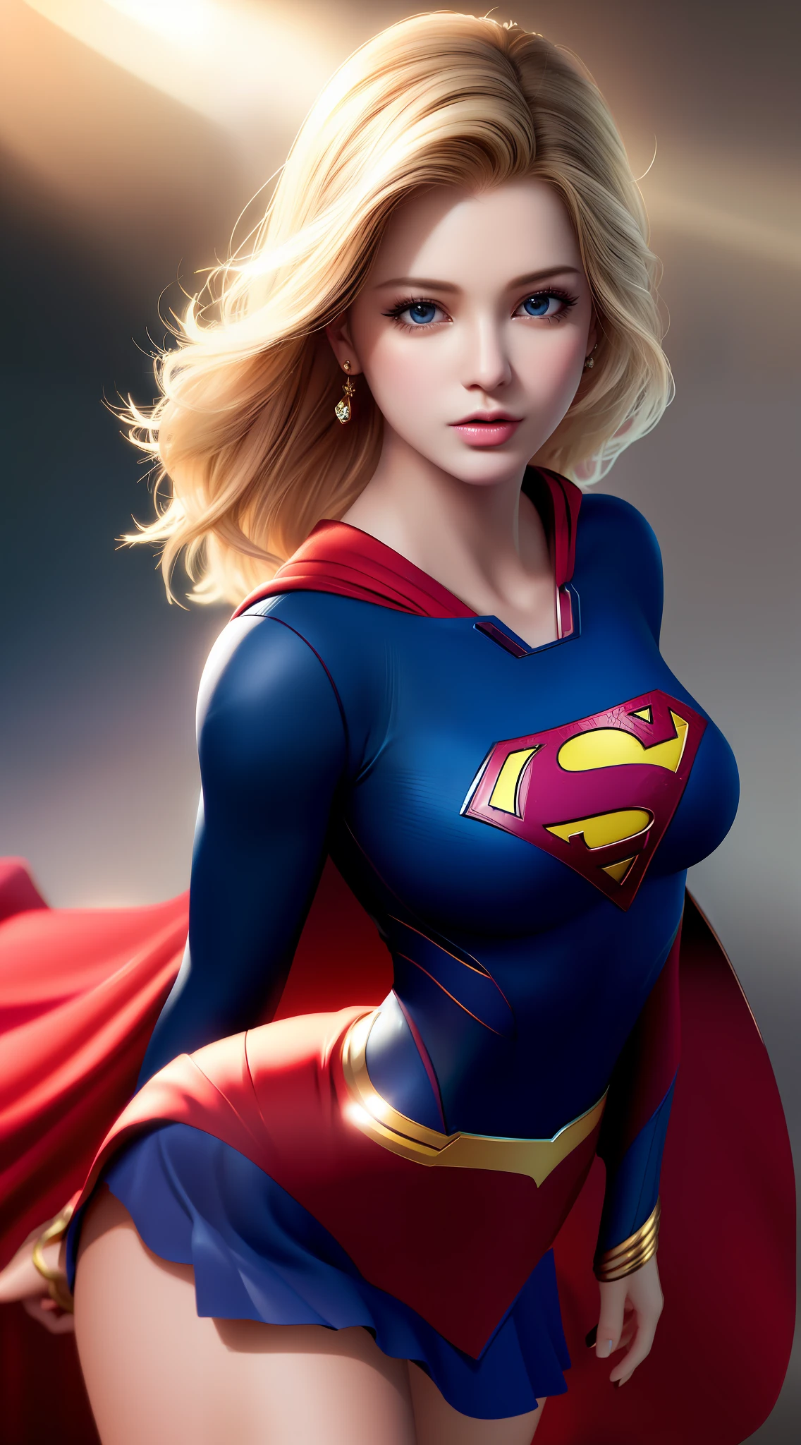 Top Quality, Masterpiece, High Resolution, 1Supergirl, Black Short Hair: 1.2, Business Dress, Skirt, Secretary Dress, Necklace, Hair Clips, Red Jewelry, Beautiful Face, Tyndall Effect, Photorealistic, Dark Studio, Rim Lighting, Two-tone Lighting, (High Detail Skin: 1.2), 8k uhd, DSLR, Soft Lighting, Sincere, Bokeh, Medium Breasts, Light Pink Lips, Masterpiece, High Quality Shadows, High Detail, Beautiful Details, fine details, extremely detailed CG, detailed texture, realistic face expression, realistic, colorful, detailed, cinematic light, side lighting, lens reflection, ray tracing, sharp focus, (complex detail, makeup, (delicate and detailed face, delicate and detailed eyes, perfect face proportions, highly detailed skin), best proportions four fingers and a thumb, arms under chest, medium sized breasts, wide hips, thick thighs, smooth skin, blue-eyed blonde, wearing superman's S symbol on her chest.