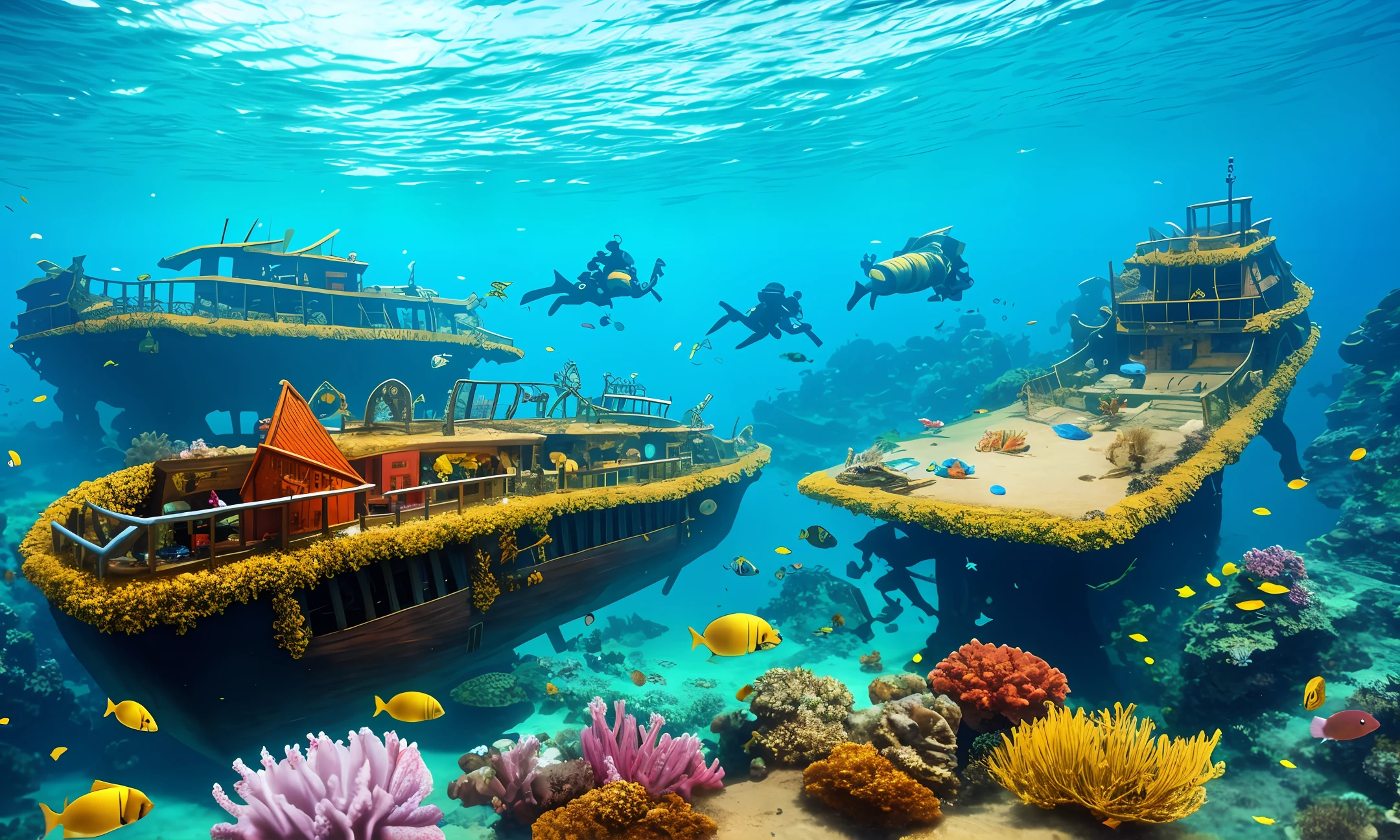 Sunken pirate ship, underwater, Filled with Gold Scuba Divers, fish Crystal clear water
