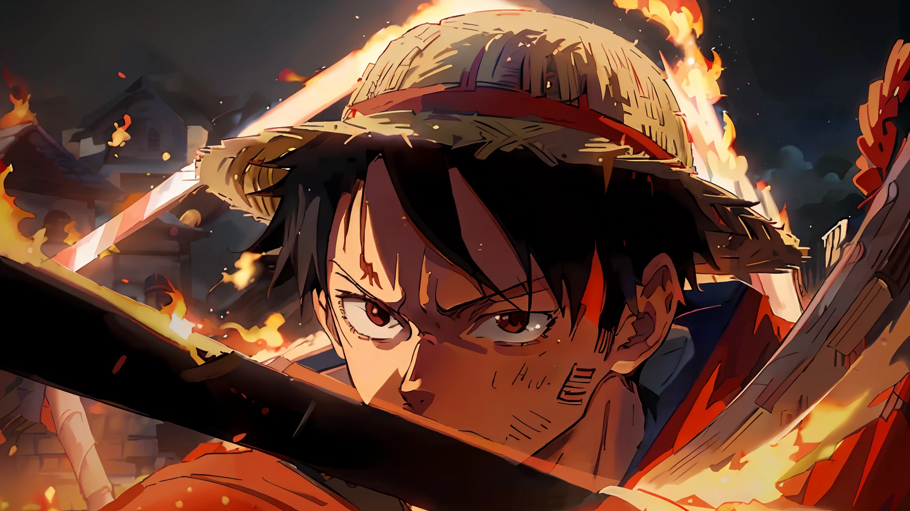 anime character with a straw hat and a sword in front of a fire, luffy, luffy (one piece, monkey d luffy, monkey d. luffy, luffy of a play, portrait of luffy of a play, anime badass 8 k, epic 8 k hd anime shooting, inspired by Eiichiro Oda, of a piece, hq art, a piece of artstyle,  Sasori and Ishida shouya one on each side, 3 characters, Sasori, Ishida shouya.