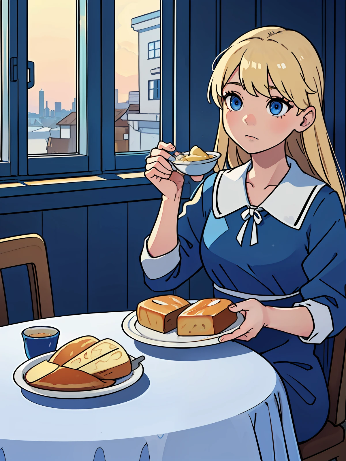 A 13-year-old blue-eyed blonde girl, wearing a blue dress with white accents, sitting at a table with her family for breakfast, her blonde father, and her brown-haired mother, eating and talking (masterpiece) (award-winning work) (perfect anatomies) (perfect eyes) (well defined) (morning)