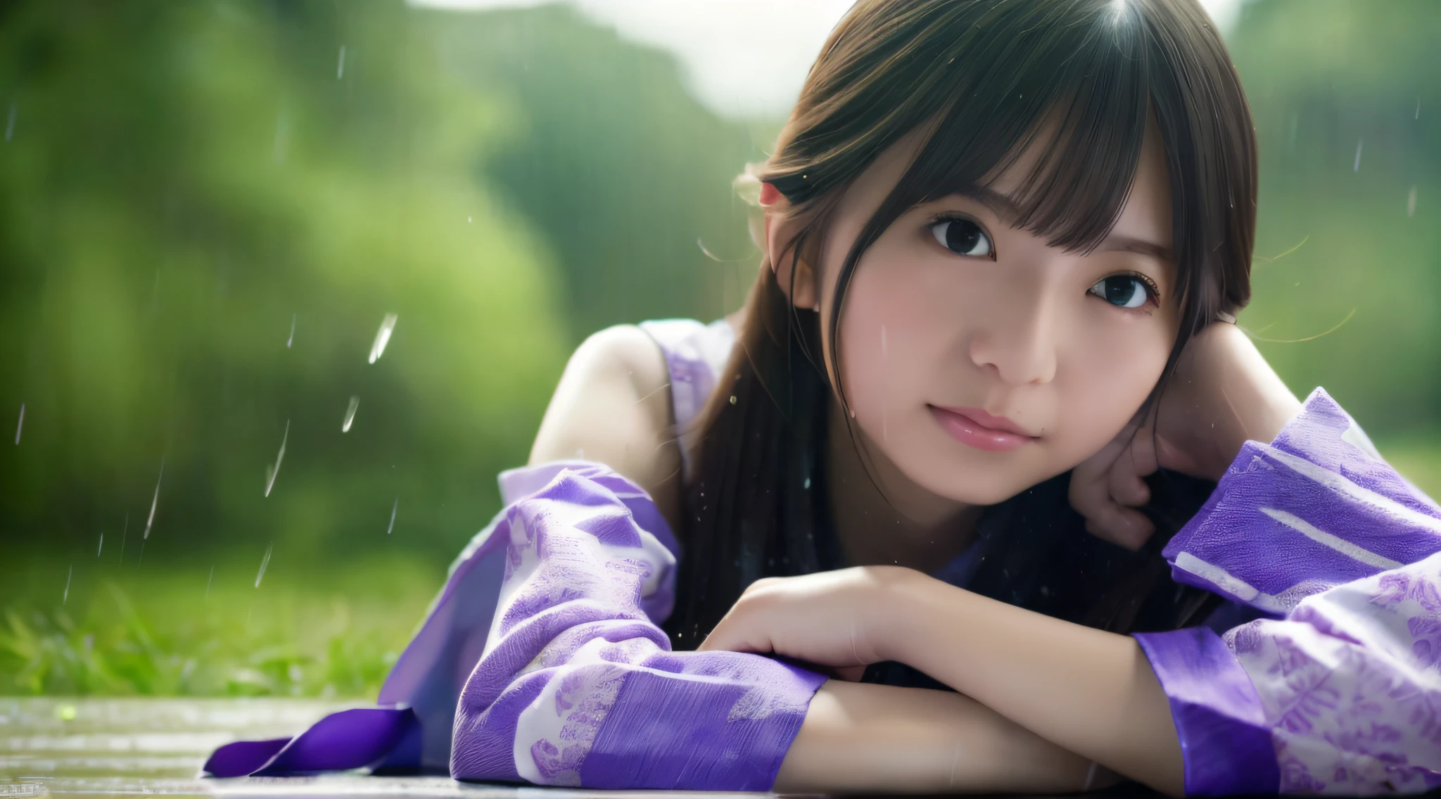 (8k, RAW photo, best quality, mastery: 1.2), (realistic, photorealistic: 1.37), beautiful detailed woman, highly detailed eyes and face, beautiful detailed eyes, detailed skin texture, detailed cloth texture, beautifully detailed face, huge file size, super detailed, high resolution, highly detailed, top quality, girl alone, open-air, (woman lying on the prairie), (Asuka Saito of Nogizaka 46), rain, wet, professional lighting, photon mapping, torn, whole transparent chemise, large breast, (drawing the whole body),