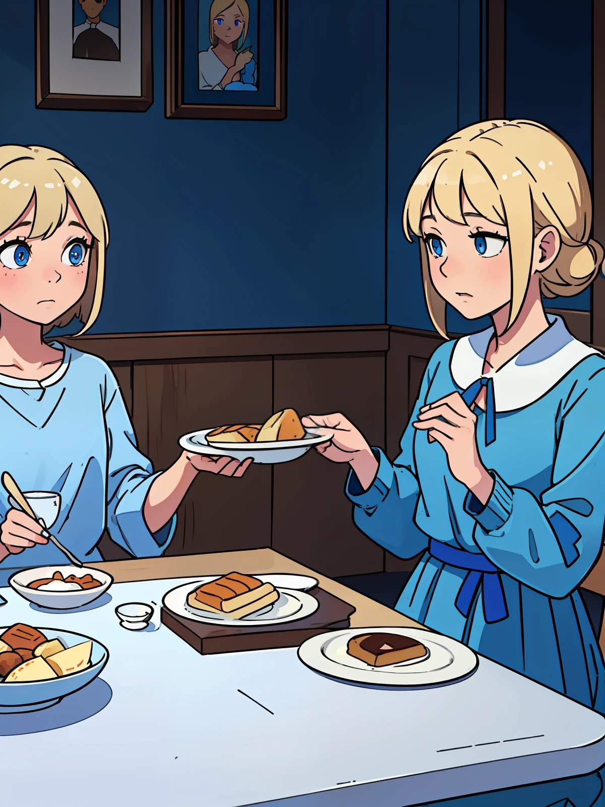 A -yeld bleyed blonde girl, wearing a blue dress with white accents, sitting at a table with her family for breakfast, her blonde father, and her brown-haired mother, eating and talking (masterpiece) (award-winning work) (perfect anatomies) (perfect eyes) (well defined) (morning)