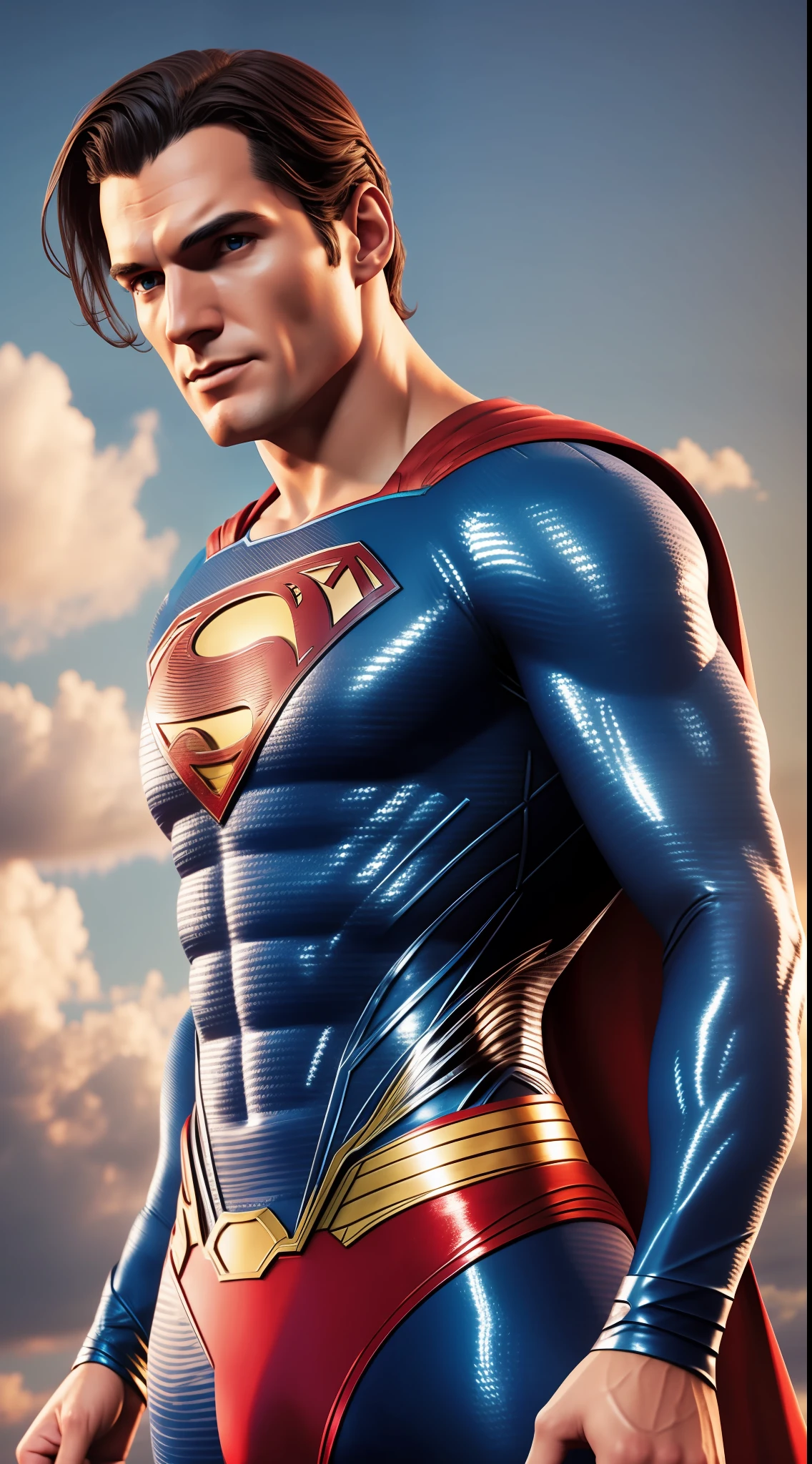 superman, whole body, photography, in the background a sky full of clouds, soft lighting, soft details, octane, artstation trend, ultra high detail, ultra realistic, cinematic, 16k