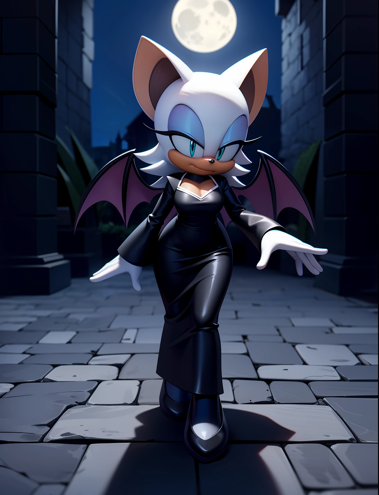 full body, rouge the bat, devil wings,seductive short translucent black dress, cobblestone, full moon, at night, darkness