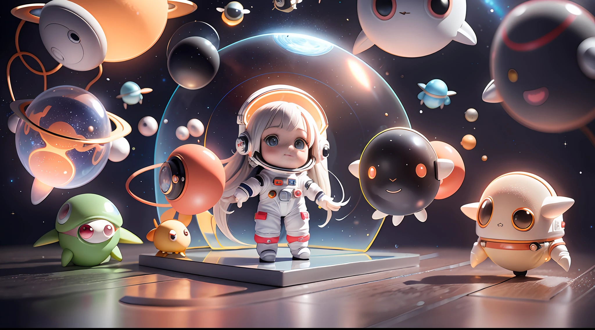 Super cute girl full body 3D picture, 1pc, good looking eyes, big eyes, cute, happy, c4d, pop matt blind box, white long hair, glowing bubbles, toys, solid color background, chibi, fluorescent translucency, luminous body, kawaii, doll, (((astronaut, spacesuit))), reference table, pop mart blind box, Pixar, complex details, 3d rendering, blender, OC renderer, fol body reference sheet, Dribble, High Details, 8K, Studio Lighting, Loli, Petite, Child, Chibi, SD characters: 1.1, Magic Space Warehouse background