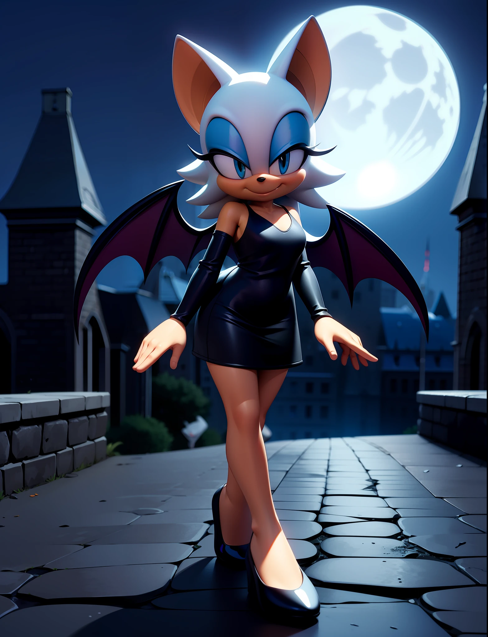 full body, rouge the bat, devil wings,seductive short translucent black dress, cobblestone, full moon, at night, darkness