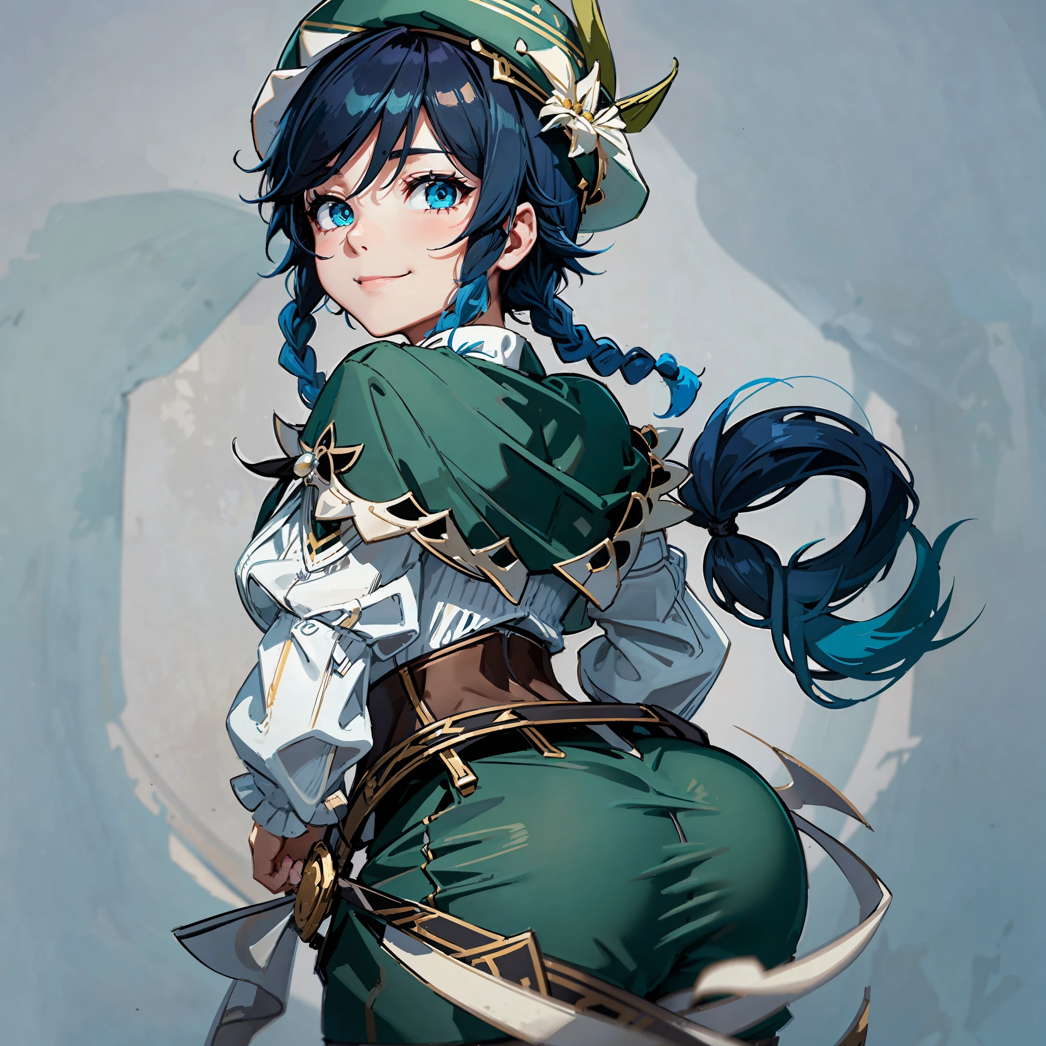 1boy, male focus, cowboy shot, simple background, minimalist background, venti (genshin impact), black hair, hat, smile, braid, long sleeves, twin braids, gradient hair, multicolored hair, pantyhose, vision (genshin impact), shorts, blue hair, green headwear, beret, white pantyhose, green shorts, collared cape, bangs, shirt, jewelry, looking at viewer, white shirt, brooch, cape, androgynous, frilled sleeves, frills, corset, short hair with long locks, from behind, butt, wide hips, butt, large butt, huge ass, large behind, large rear, suggestive, tight shorts, white pantyhose
