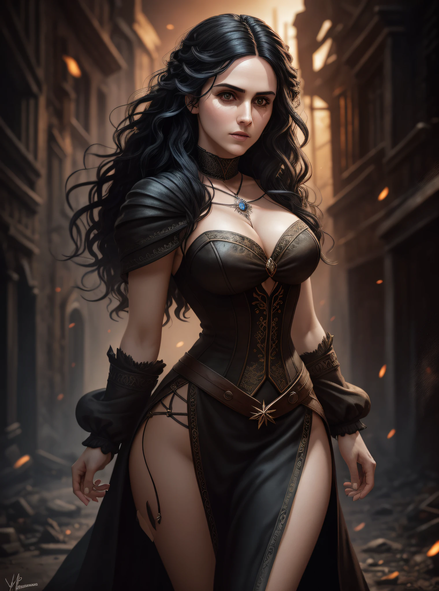 a thorough and realistic depiction of the character Yennefer de Vengerberg, played by the talented actress Anya Chalotra. His piercing gaze captures the viewer's attention, conveying his nationality and power. Her black hair flutters in the wind, framing her angelic face. Wearing Yennefer's original outfit, every detail is meticulously reproduced, from the intricate patterns to the signature adornments. The image shows Yennefer in full body, in an environment of an abandoned medieval city in flames, adding an element of tension and danger. --auto --s2