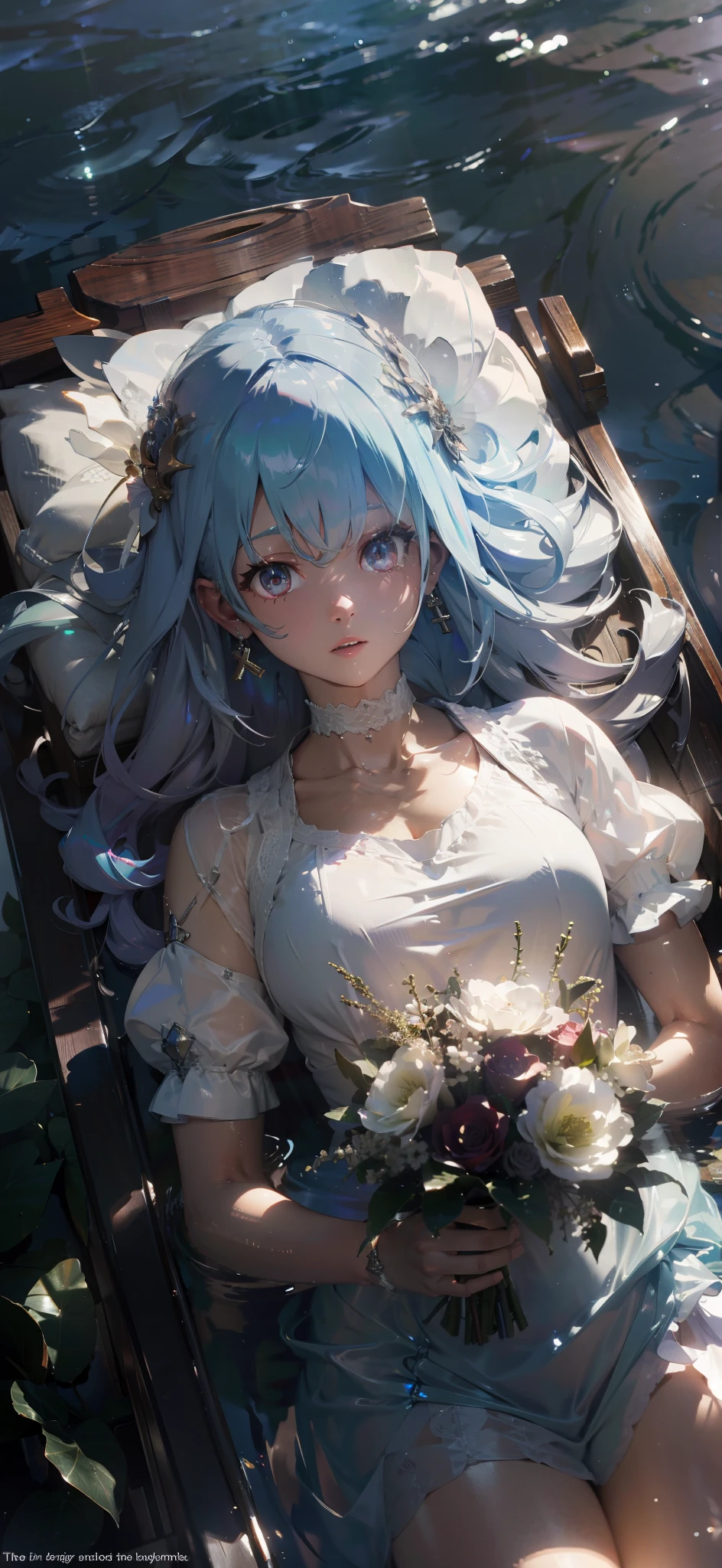 Physically based rendering, professional lighting, extreme detail, white shirt, bouquet, cross earrings, lying on the water, high brightness, refreshing, soft light